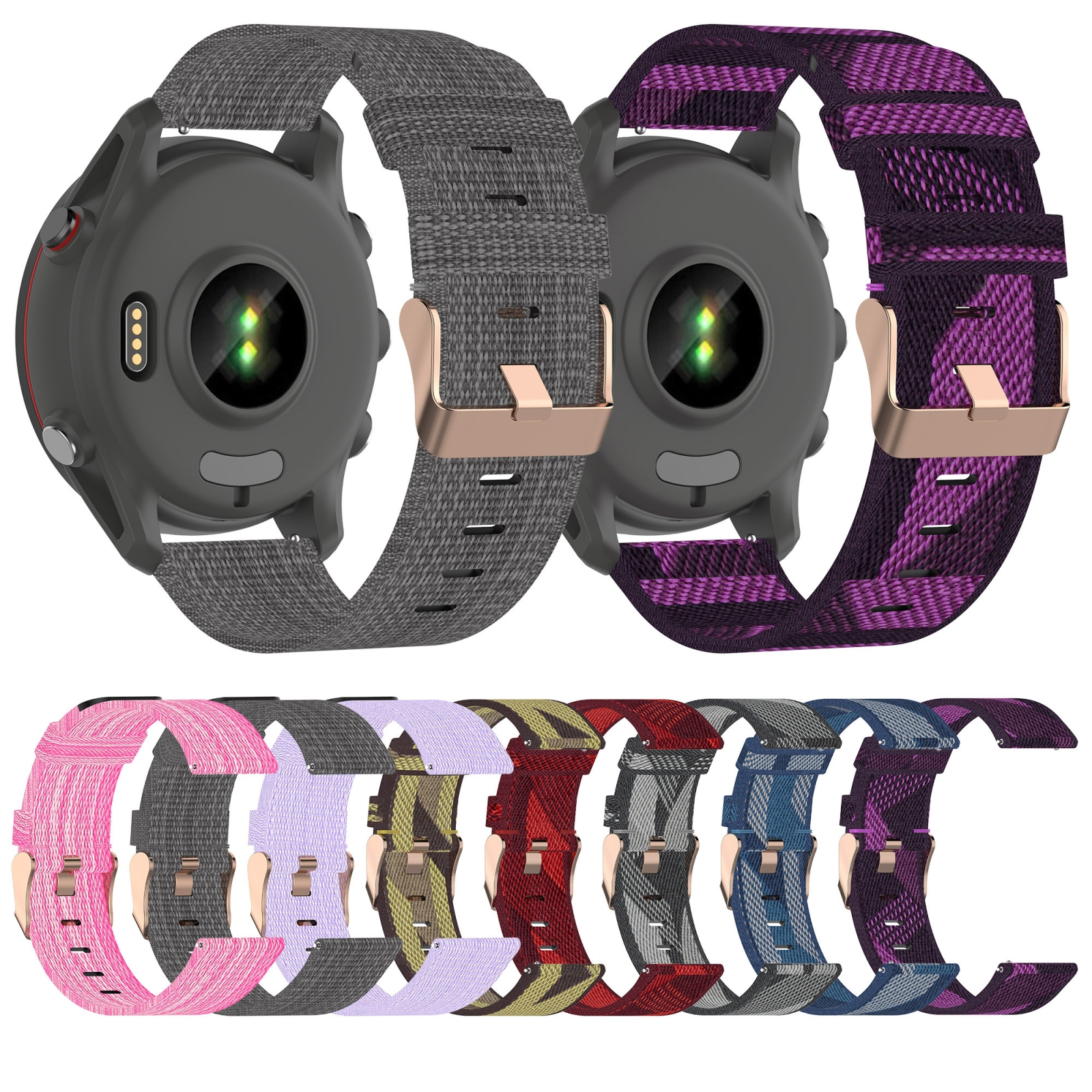 Zwei Smartwatches mit Stoffarmbändern und darunter eine Reihe von acht alternativen Armbändern in verschiedenen Farben.