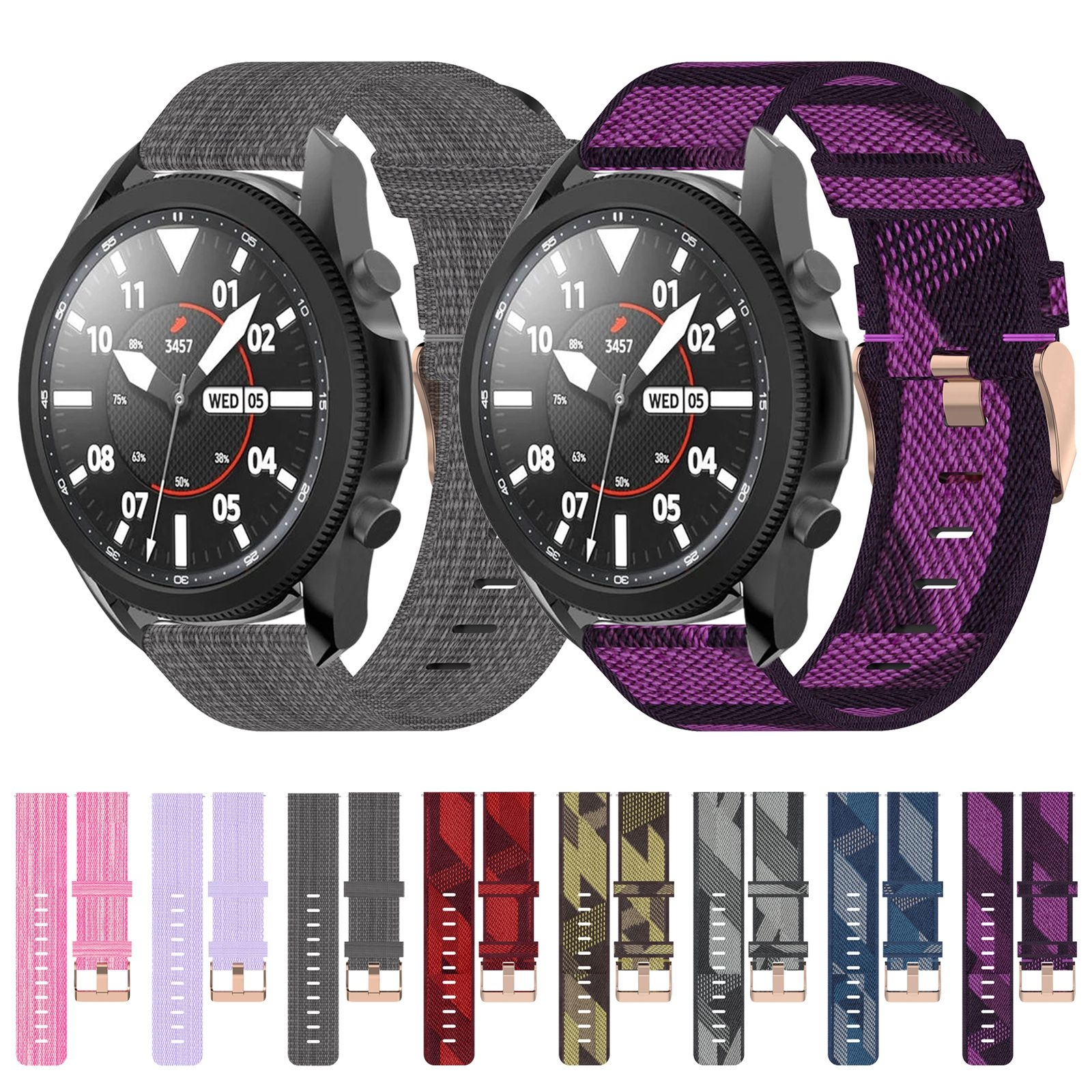 Zwei Smartwatches mit grauen und violetten Nylonarmbändern und eine Auswahl weiterer Bänder darunter.