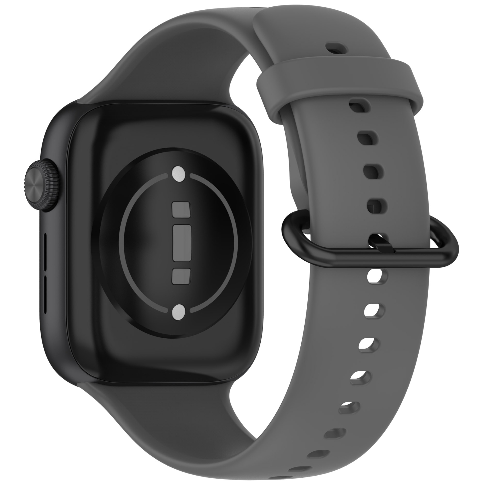 Rückseite einer schwarzen Smartwatch mit einem grauen Silikonarmband und Sensoren vor weißem Hintergrund.