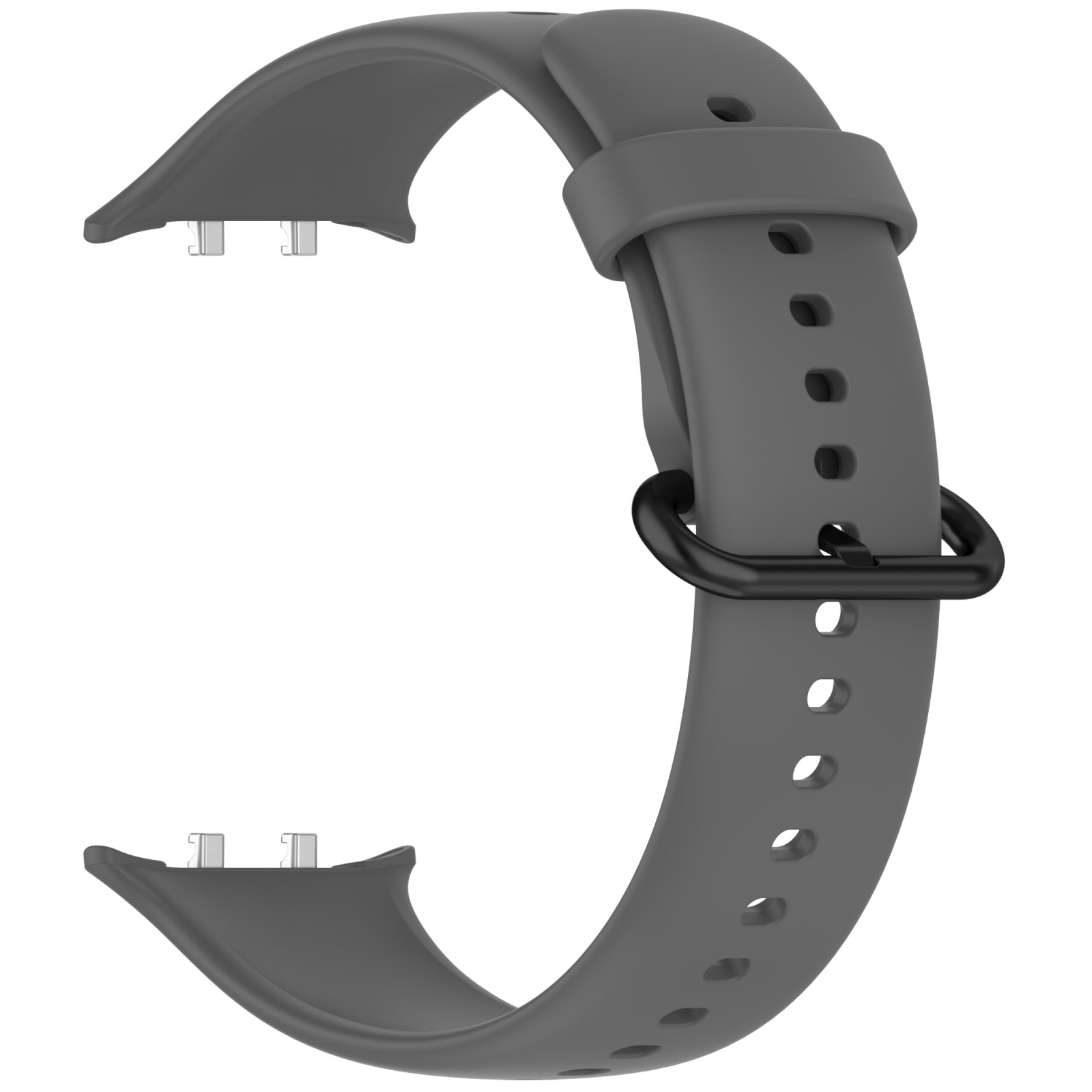 Ein graues Silikon-Uhrenarmband mit einer schwarzen Schließe auf weißem Hintergrund.