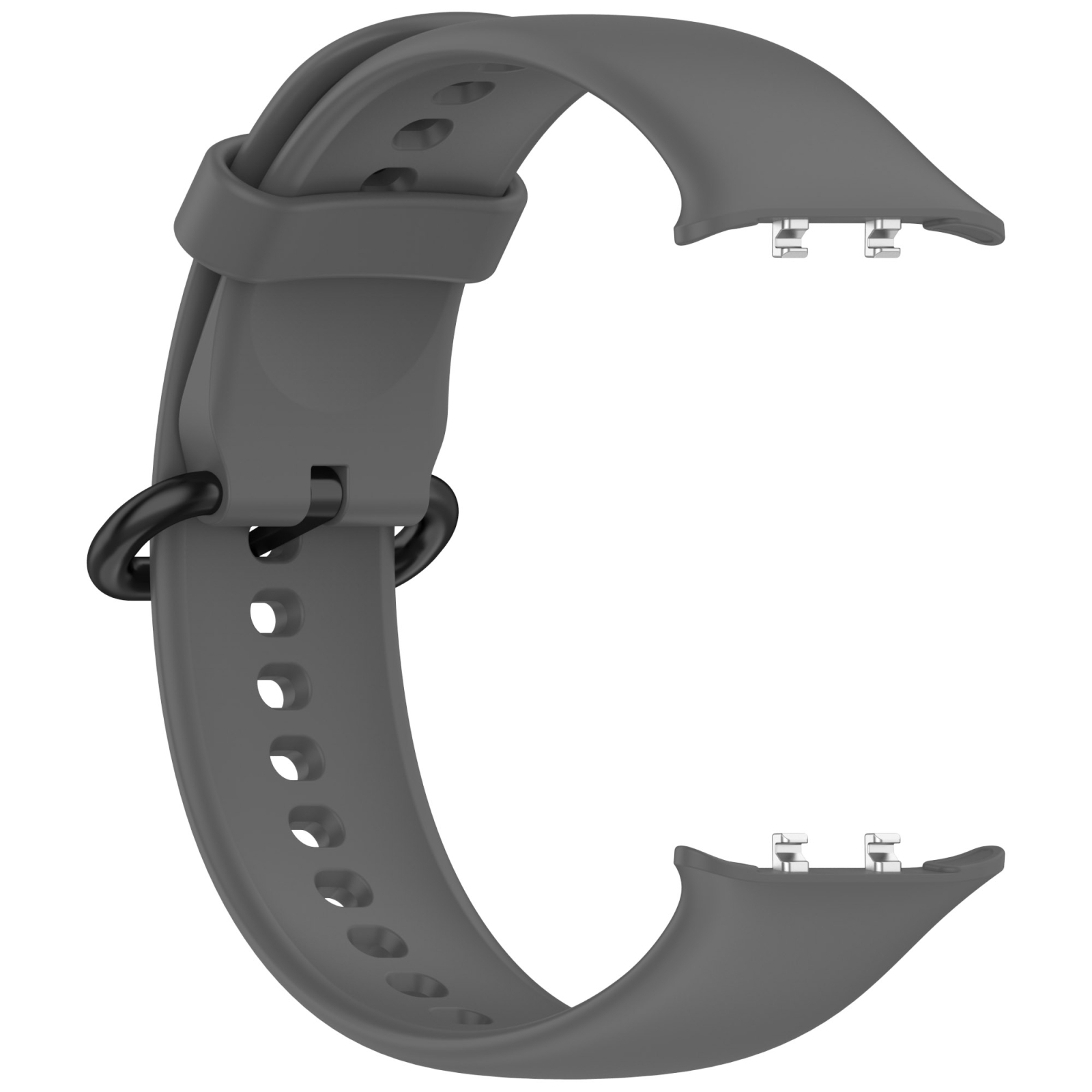 Ein graues Silikon-Smartwatch-Armband mit Metallverbindern auf weißem Hintergrund.