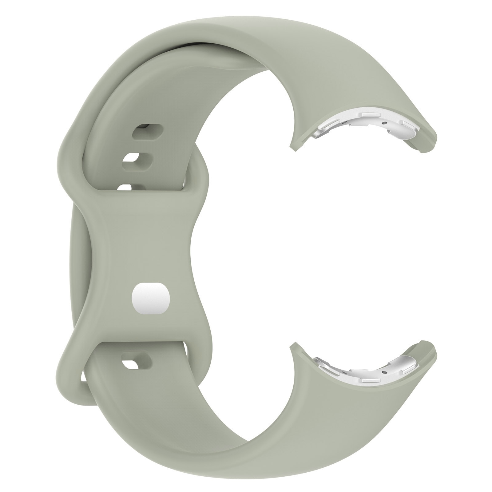 Ein hellgrünes Silikon-Uhrenarmband, das vor einem weißen Hintergrund C-förmig gebogen ist.