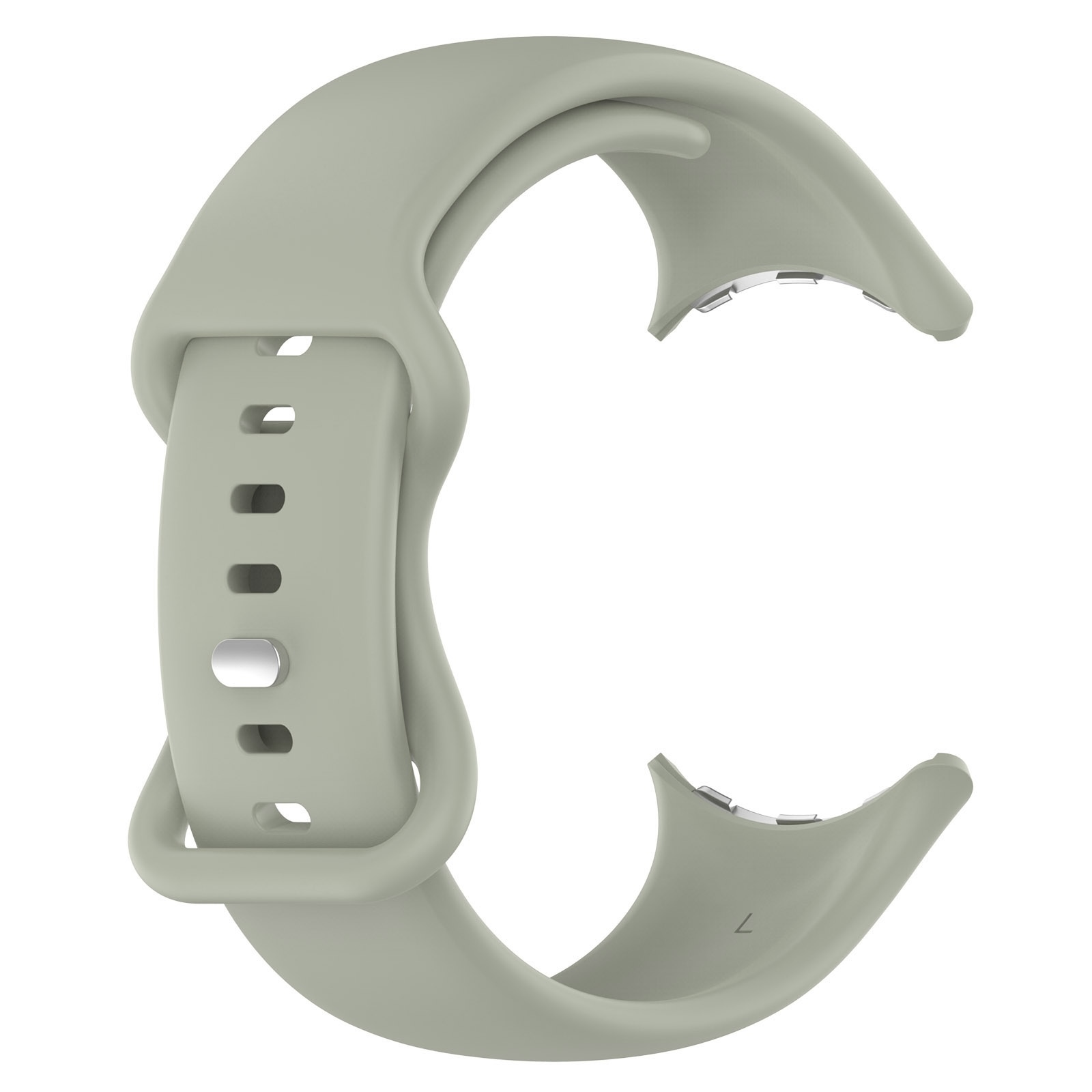 Ein graugrūnes Silikon-Smartwatch-Armband mit silbernem Pin auf weißem Hintergrund.