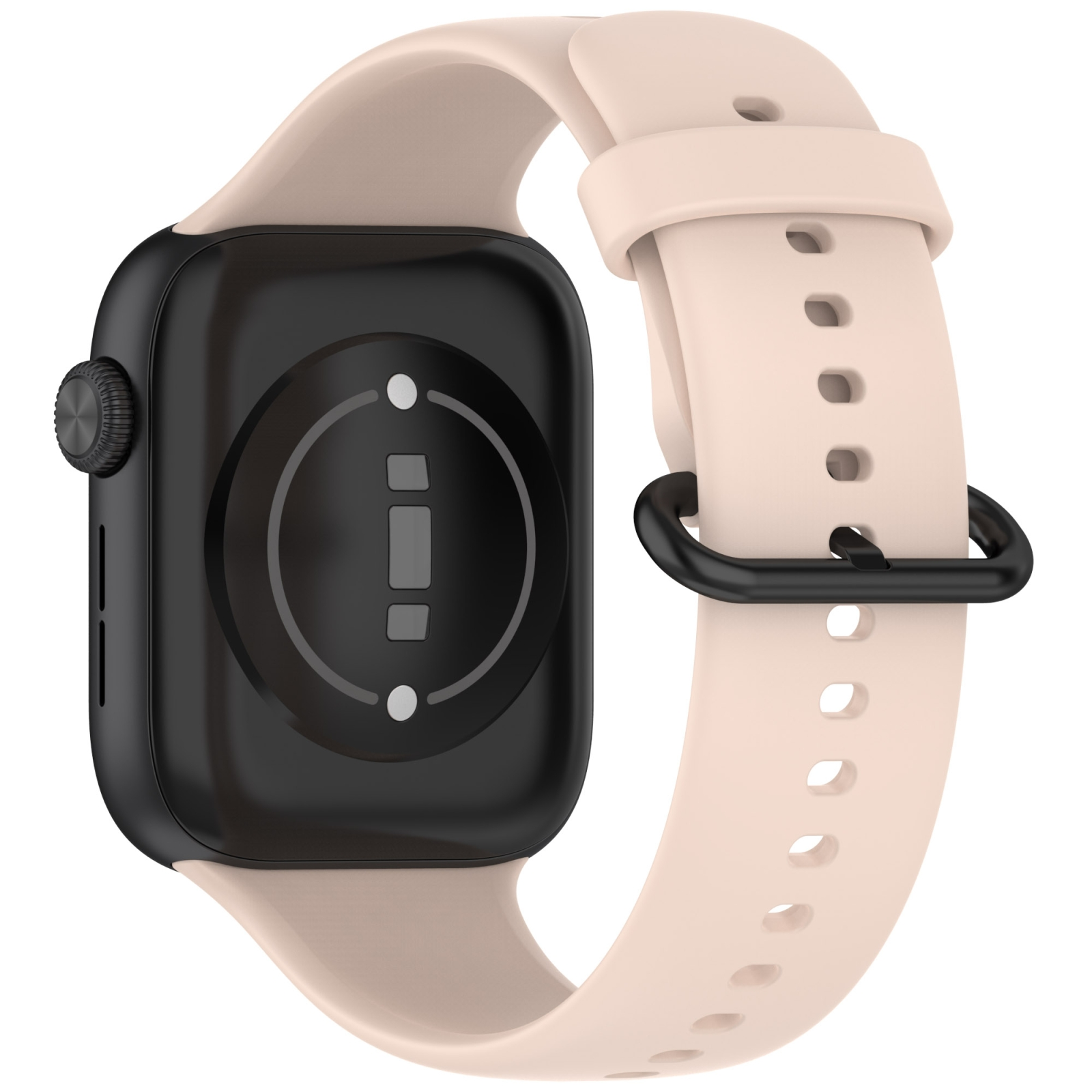 Rückseite einer schwarzen Smartwatch mit beigem Silikonarmband und schwarzem Verschluss.