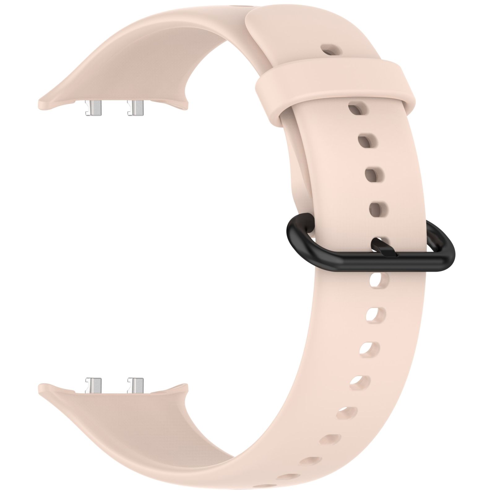 Beigefarbener Silikon-Uhrenarmband mit einer schwarzen Schnalle und Metallverbindern auf weißem Hintergrund.