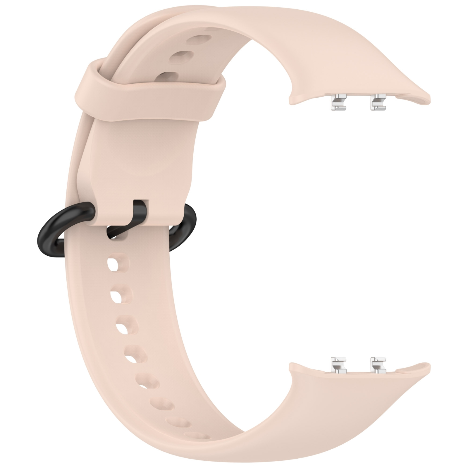 Ein beiges Silikon-Uhrenarmband mit schwarzer Schließe und Metallanschlüssen vor weißem Hintergrund.