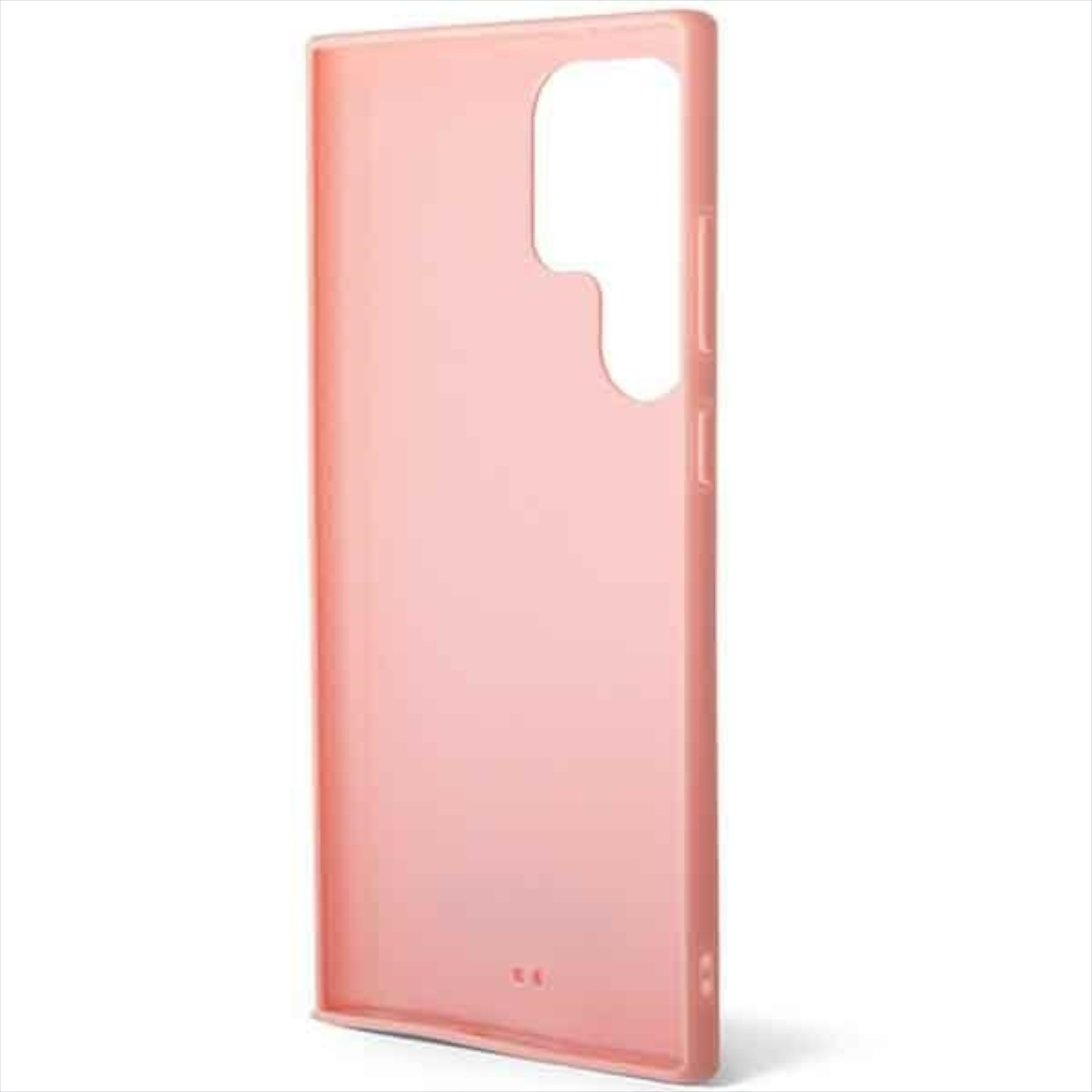 Eine rosa Smartphone-Schutzhülle steht auf weißem Hintergrund mit Ausschnitten für Kamera und Tasten.
