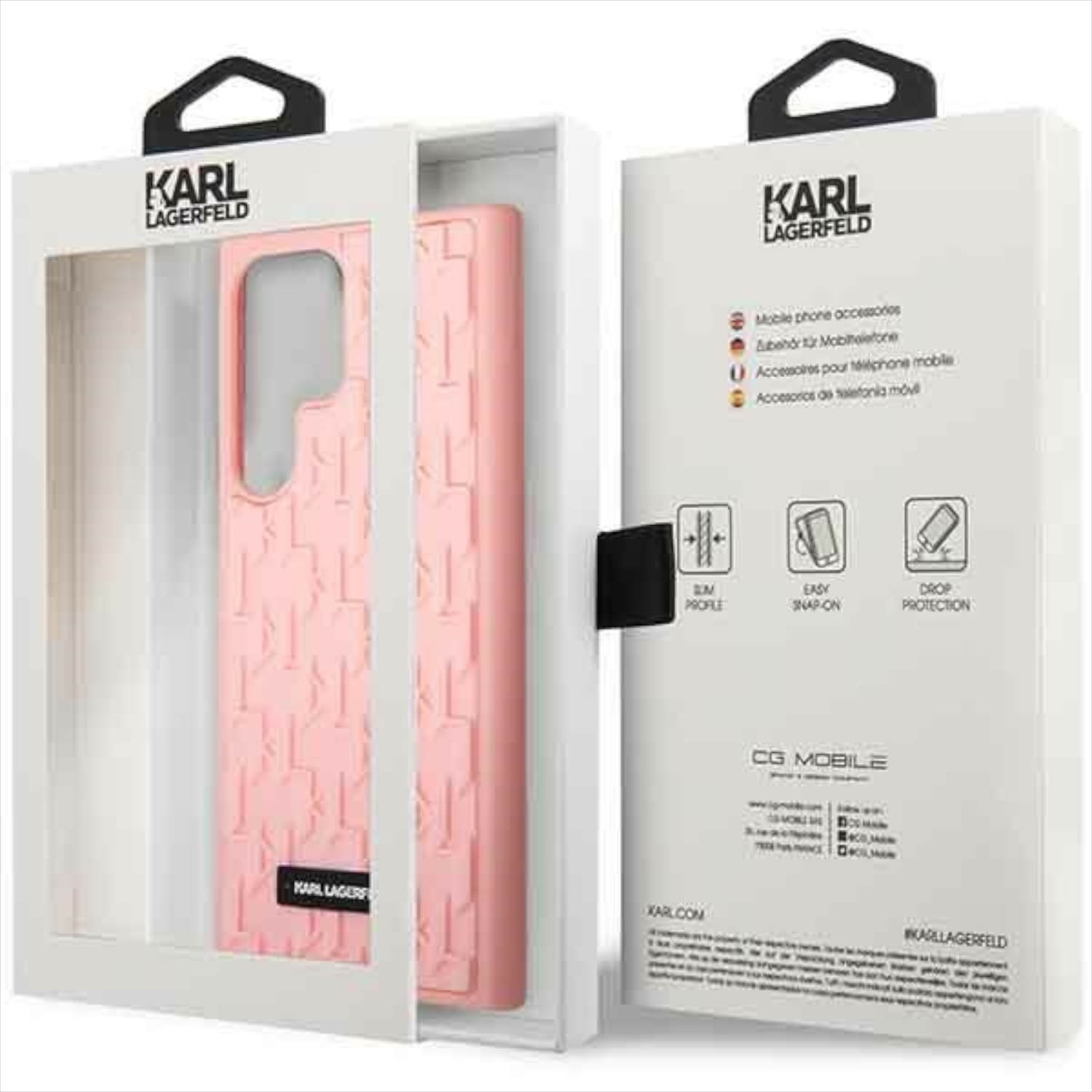 Rosa Handyhülle mit Muster in weißer Karl Lagerfeld Verpackung.