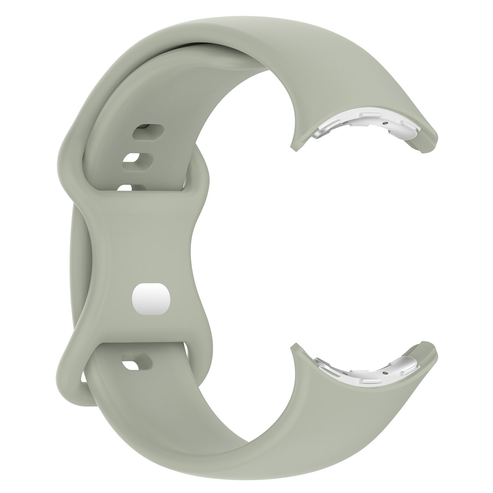 Ein graues Silikon-Uhrenarmband, das in einer C-Form auf einem hellen Hintergrund gerollt ist.