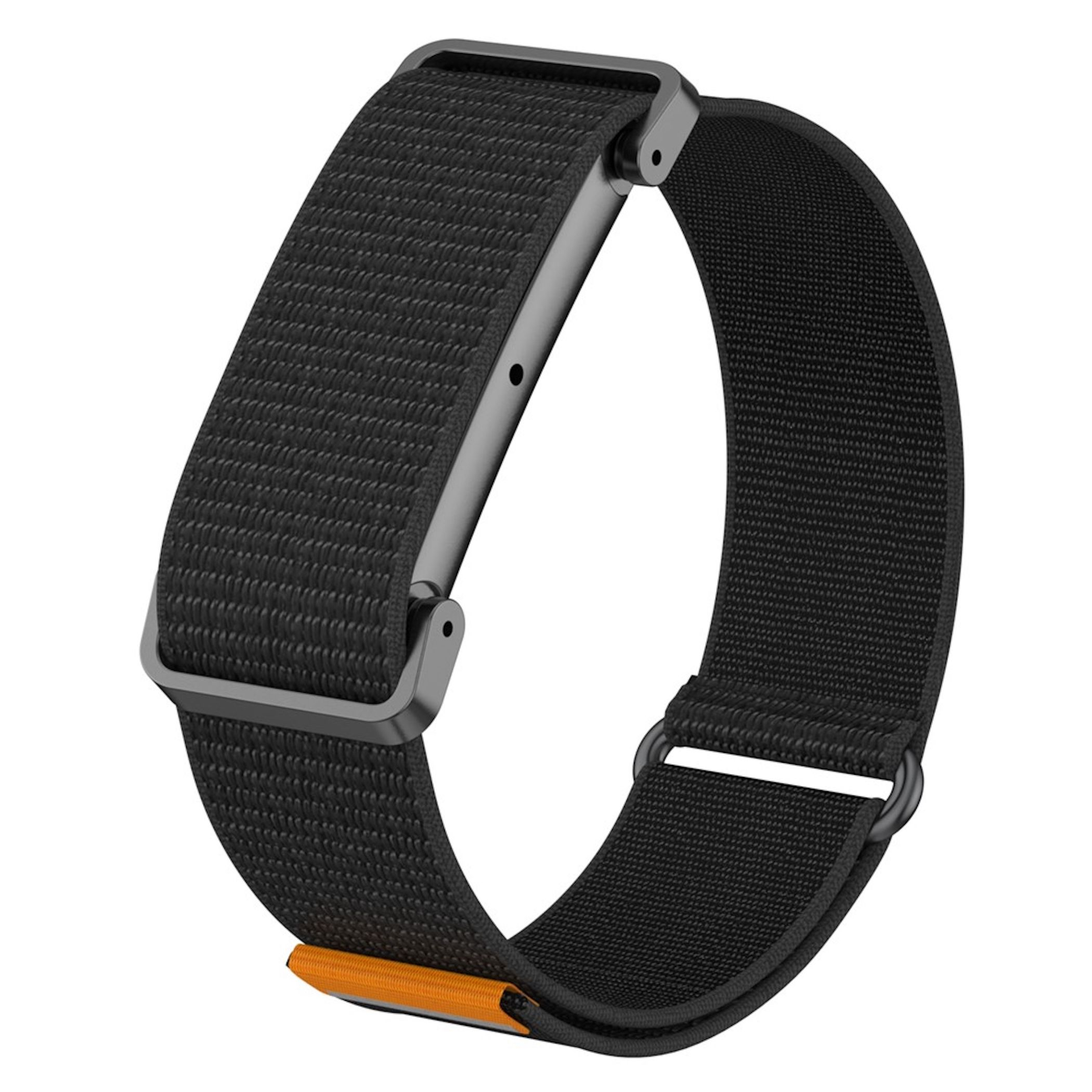 Ein schwarzes gewebtes Nylon-Uhrenarmband mit dunkler Metallschnalle und orangefarbener Lasche.