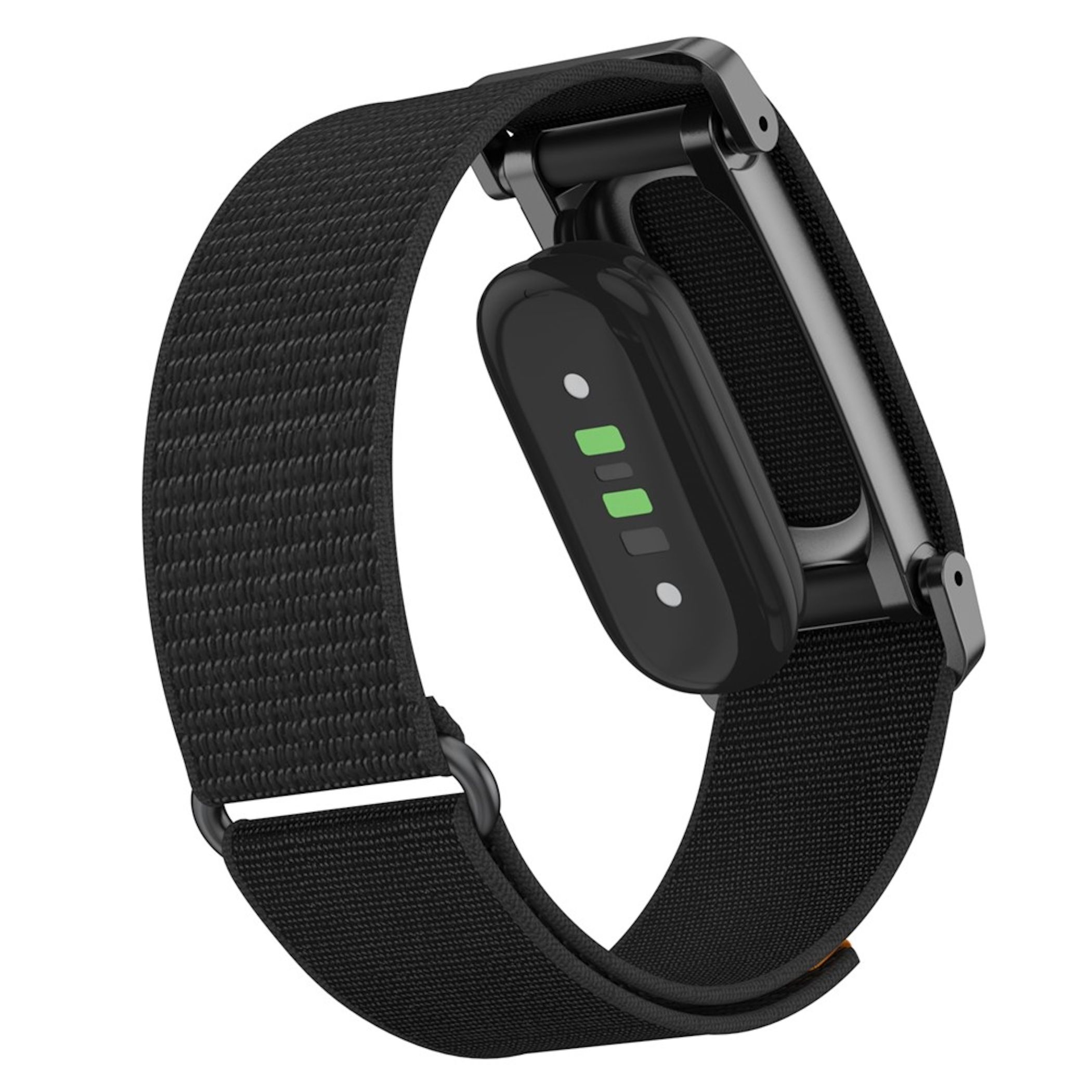 Unterseite einer schwarzen Smartwatch mit grün leuchtenden Sensoren und einem geflochtenen Textilarmband.