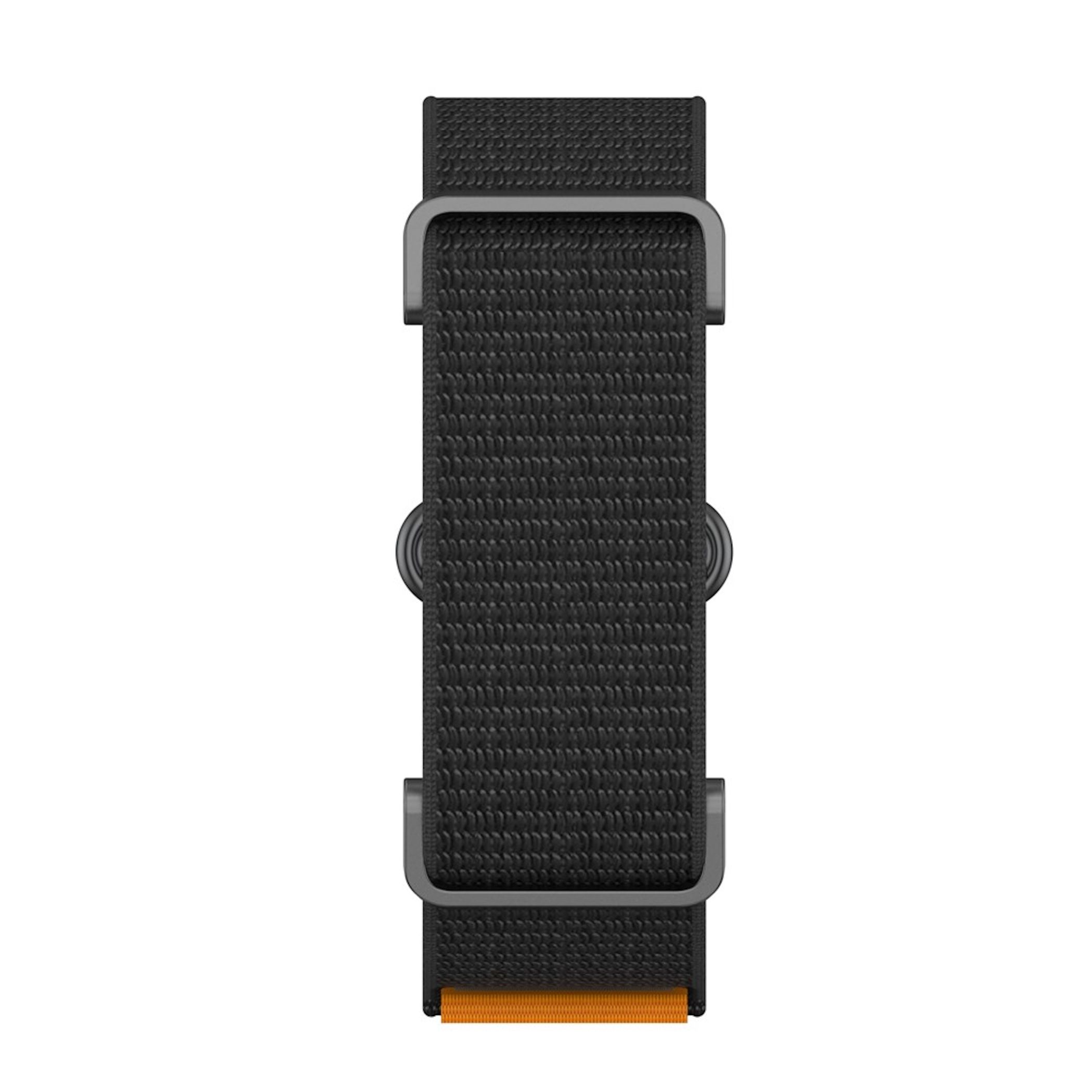 Schwarzes Uhrenarmband aus Textil mit grauen Metallelementen und einem kleinen orangefarbenen Akzent am Ende.
