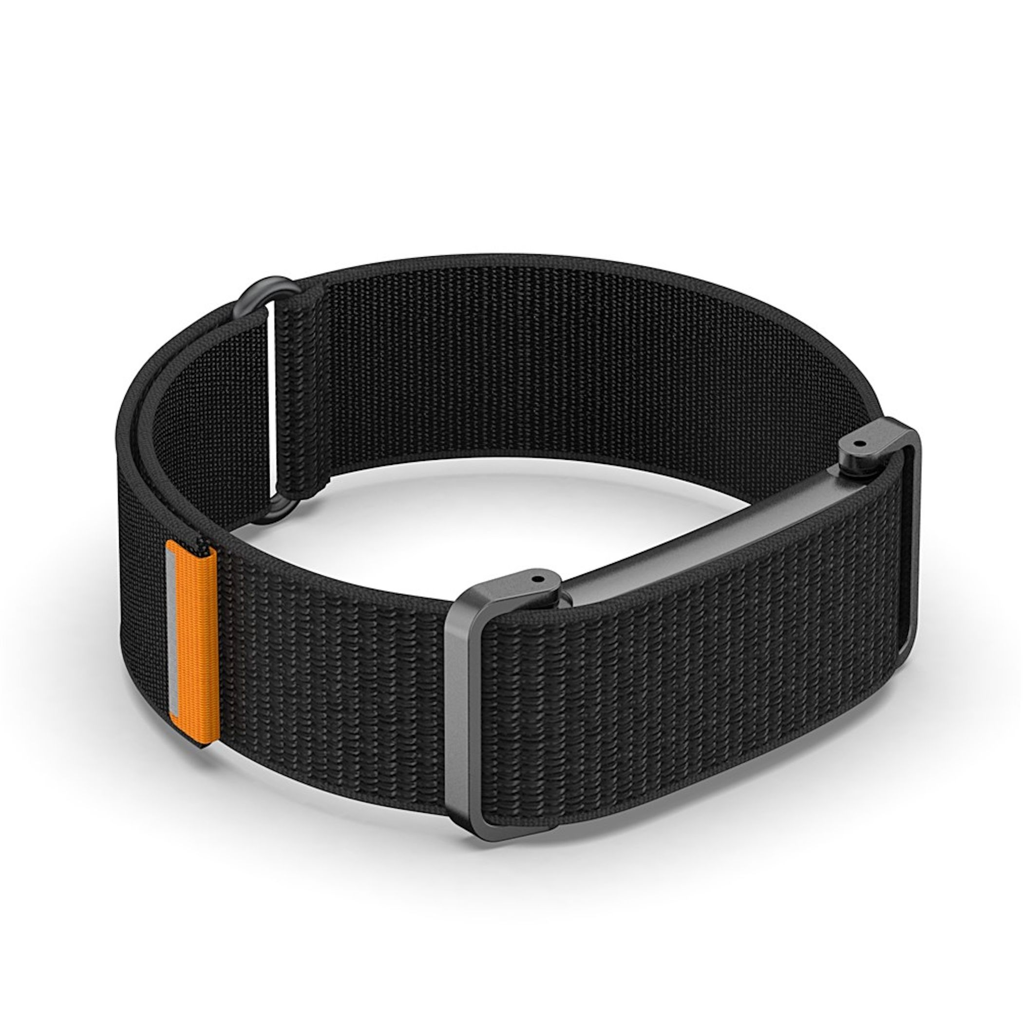 Ein schwarzes Textil-Uhrenarmband mit einer Metallschnalle und einer kleinen orangefarbenen Lasche auf weißem Hintergrund.