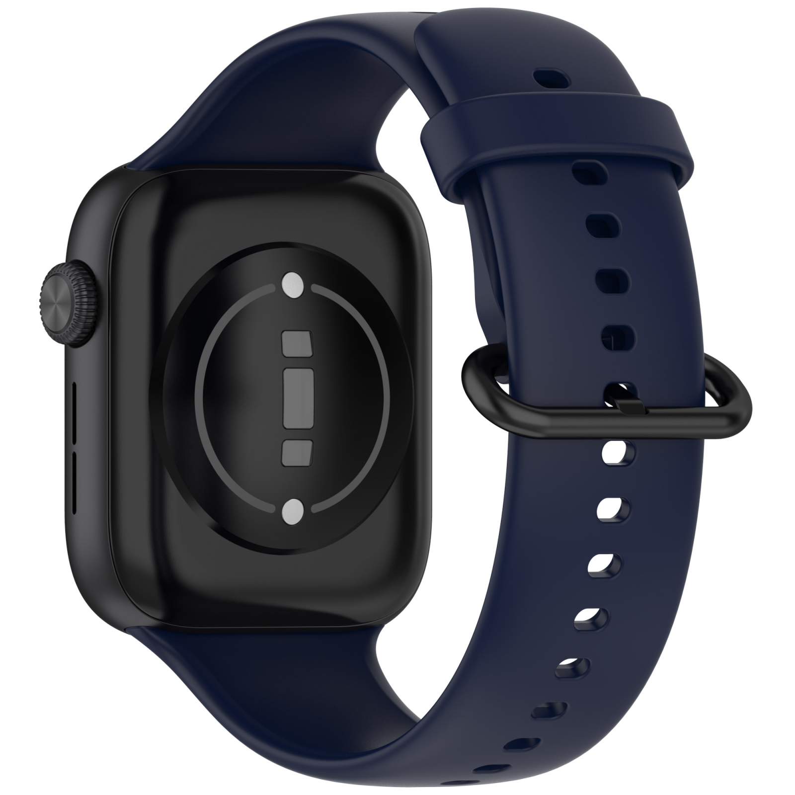 Rückseite einer schwarzen Smartwatch mit blauem Silikonarmband und silbernen Sensoren.