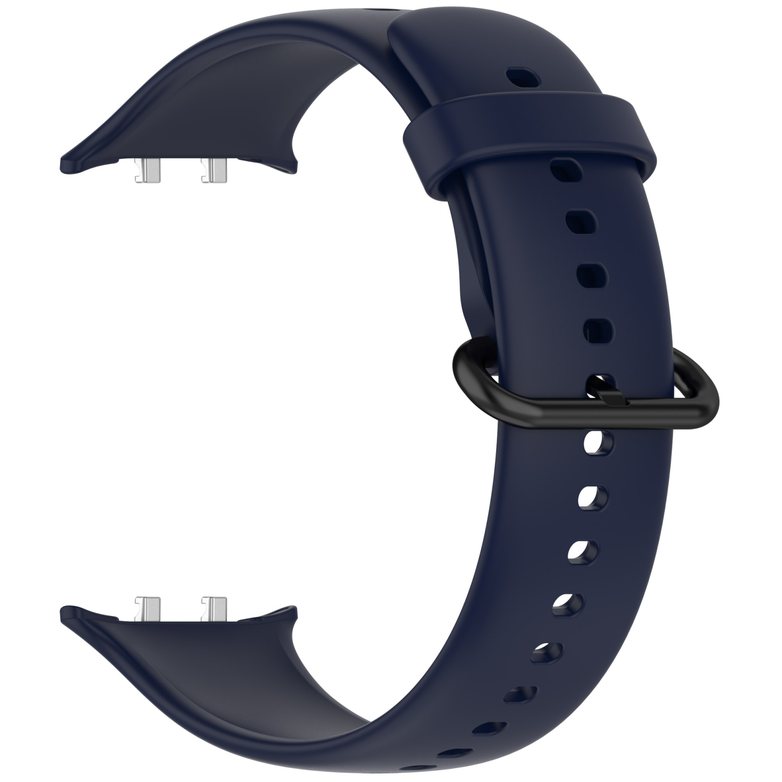 Dunkelblaues Silikon-Smartwatch-Armband mit schwarzer Schnalle und Metallanschlüssen vor weißem Hintergrund.