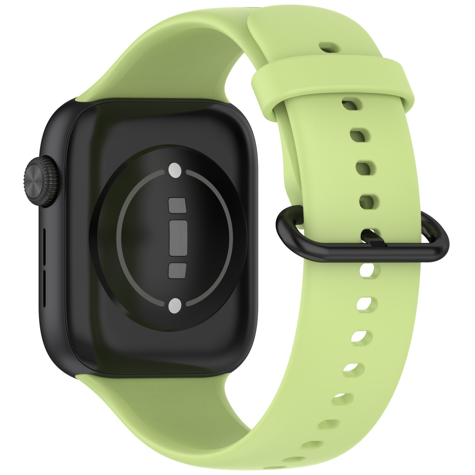 Eine schwarze Smartwatch mit hellgrünem Silikonarmband und schwarzer Schließe auf weißem Hintergrund.