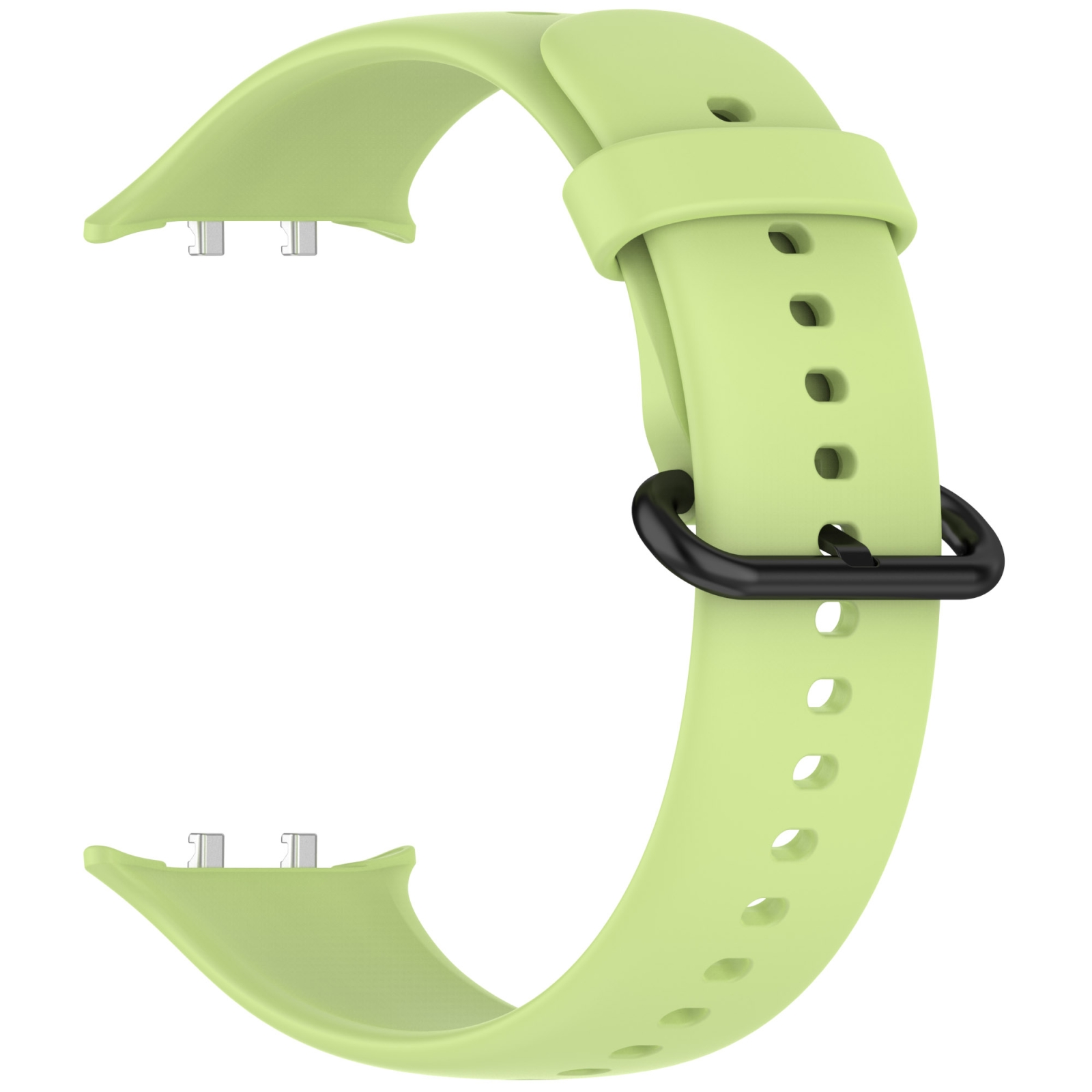 Hellgrünes Silikon-Uhrenarmband mit schwarzer Metallschließe und silbernen Anschlüssen vor weißem Hintergrund.