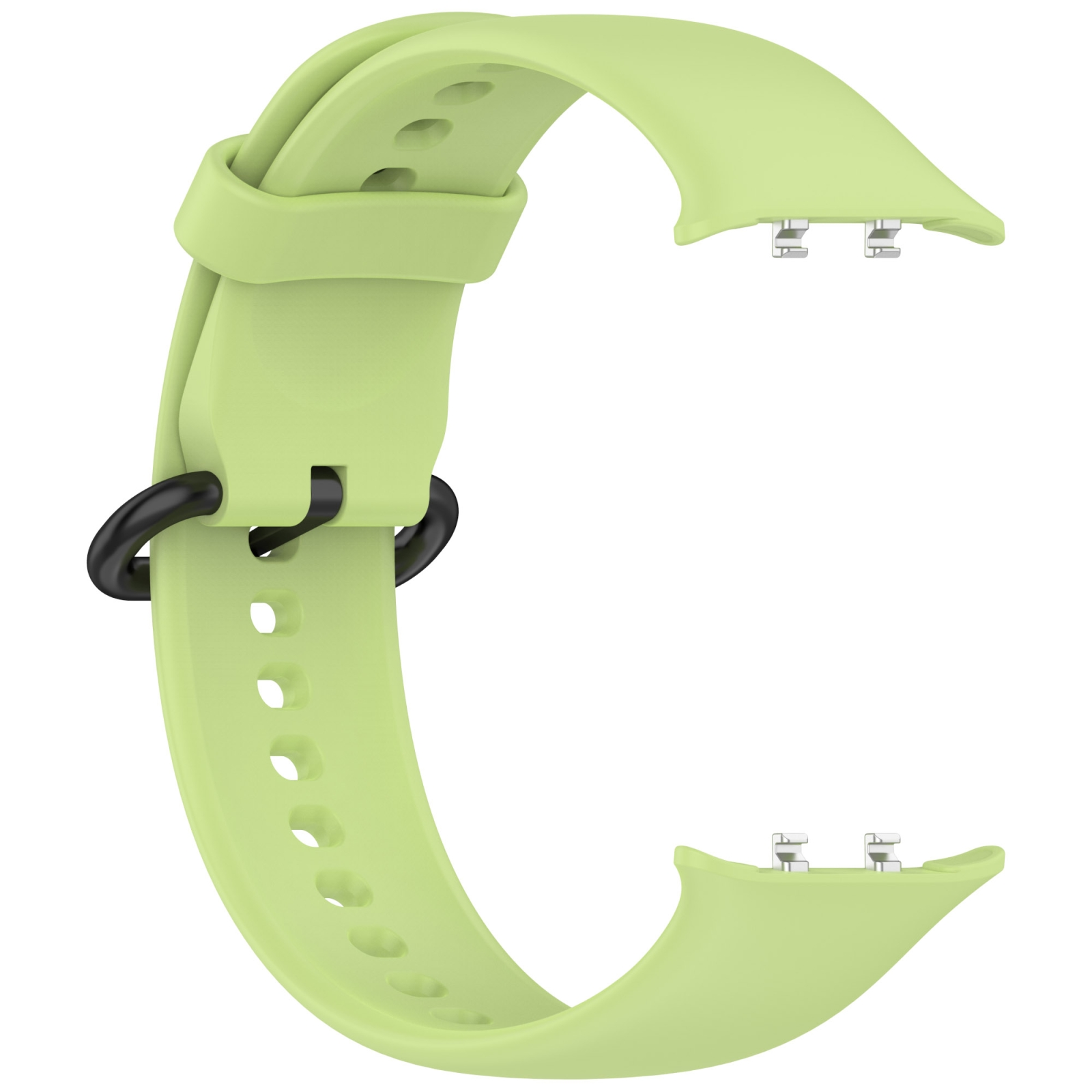 Ein hellgrünes Silikon-Uhrenarmband mit schwarzer Schließe und Metallanschlüssen vor weißem Hintergrund.