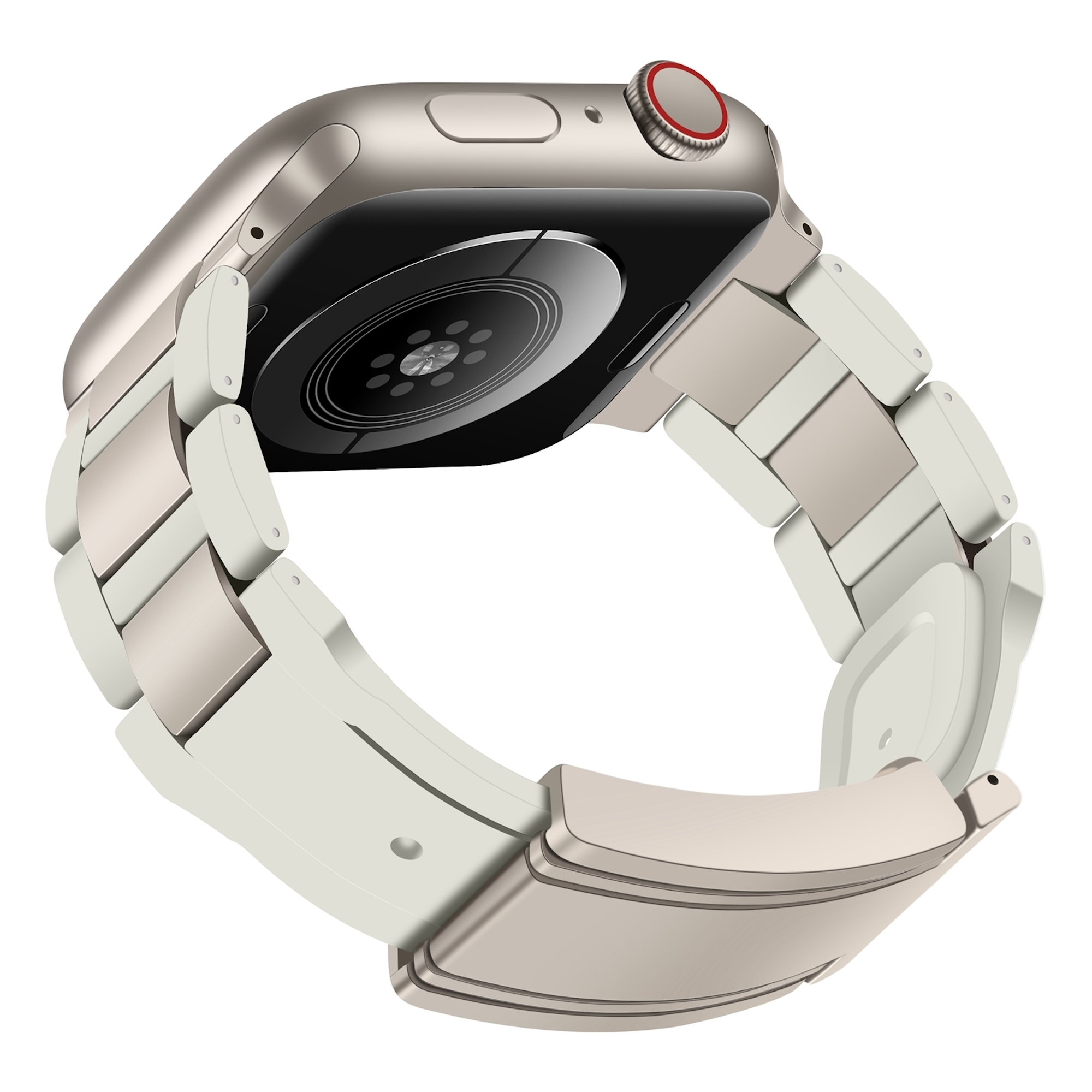 Unterseite einer Smartwatch mit silbernem Gehäuse, roter Krone und weißem Gliederarmband vor weißem Hintergrund.