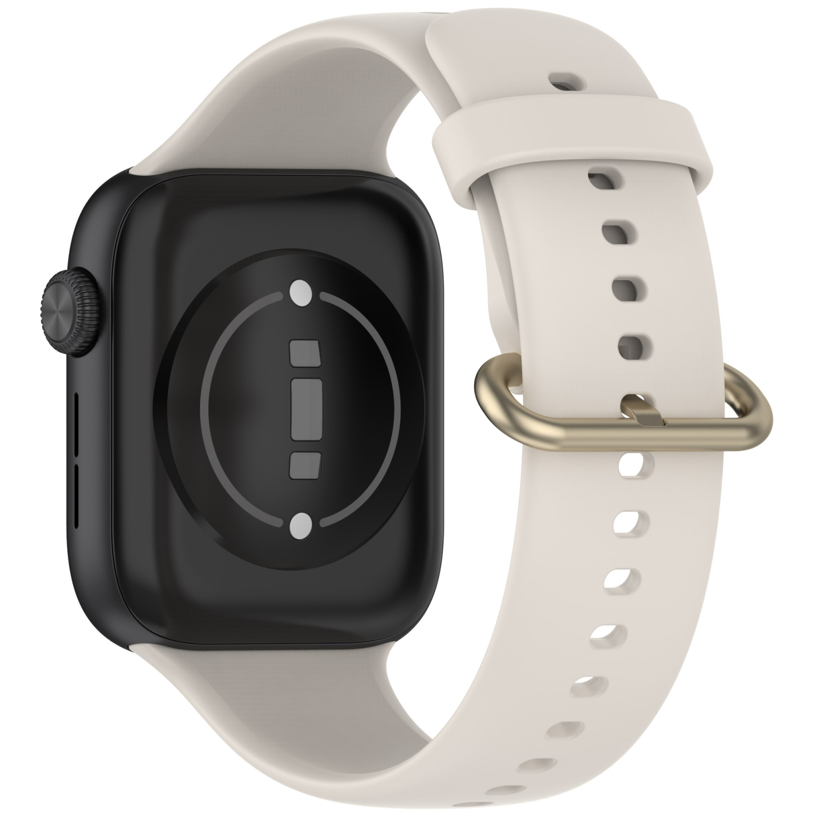 Rückseite einer schwarzen Smartwatch mit weißem Silikonarmband und goldener Schnalle.