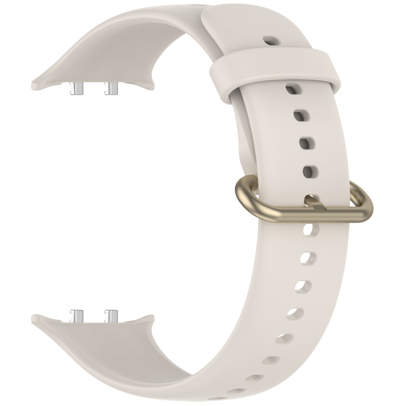 Beiges Silikon-Uhrenarmband mit goldener Schnalle und Metallverbindern auf neutralem Hintergrund.