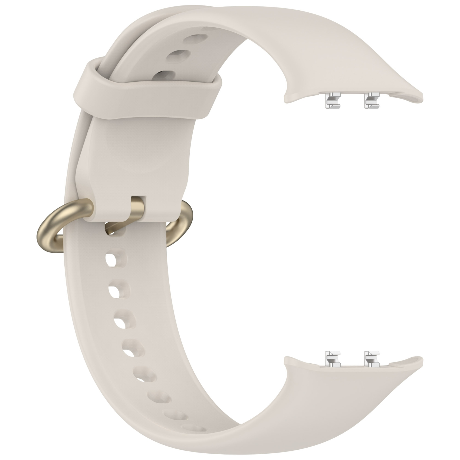 Ein hellbeiges Silikon-Uhrenarmband mit goldener Schnalle und Metallanschlüssen auf weißem Hintergrund.