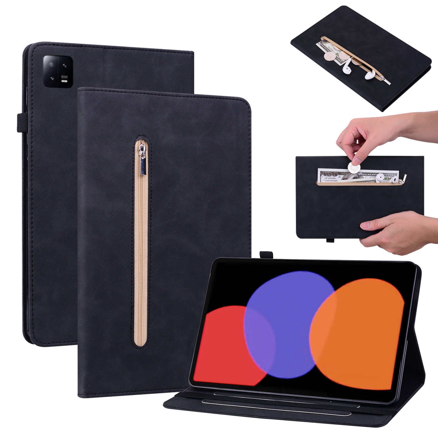 Schwarze Tablethülle mit Reißverschlusstasche und Ständer, zeigt verschiedene Ansichten und Verwendung.