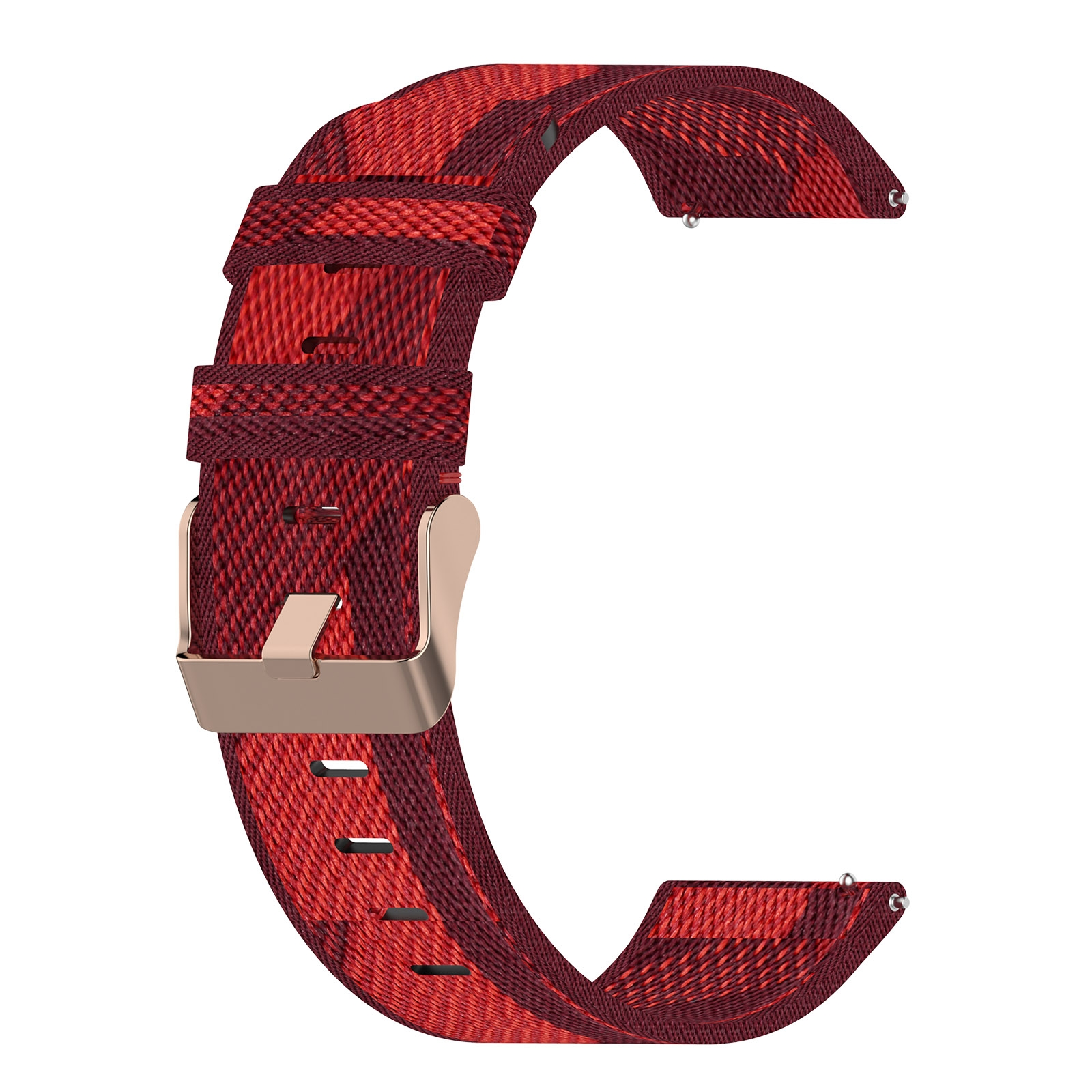 Ein rot-gemustertes Uhrenarmband aus Stoff mit roségoldener Schnalle auf weißem Hintergrund.