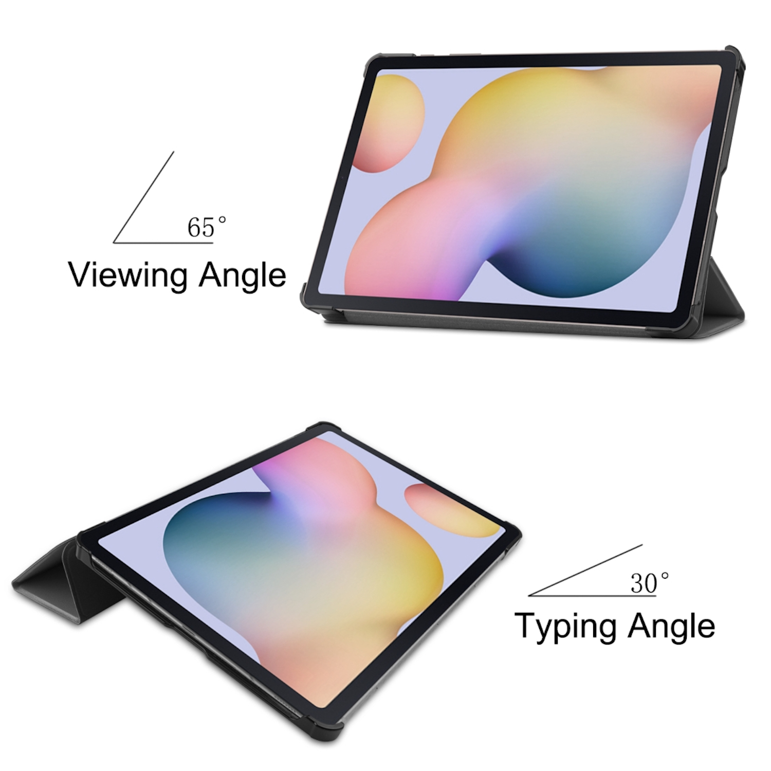Tablet in einer Schutzhülle, gezeigt mit einem 65-Grad-Betrachtungswinkel und einem 30-Grad-Tippwinkel.