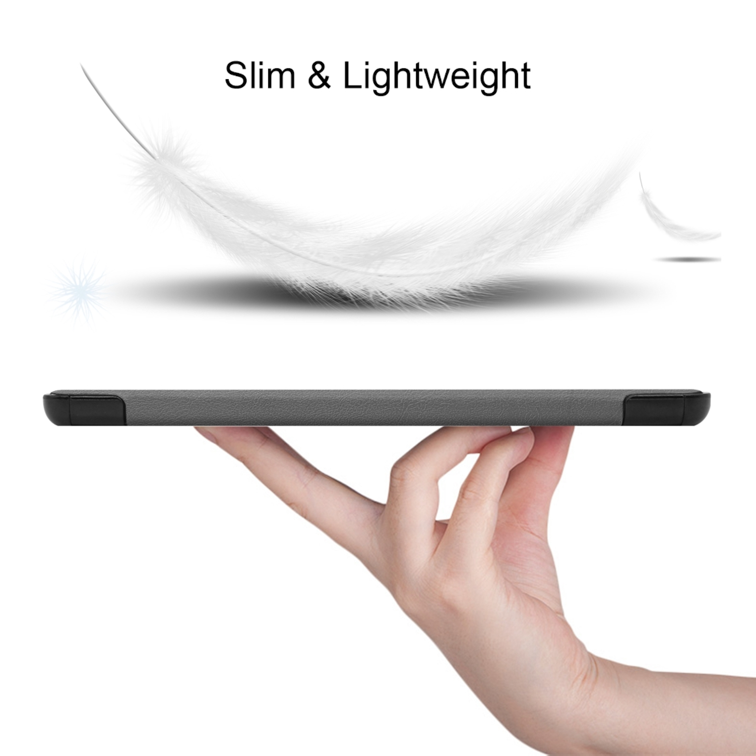 Eine Hand hält einen dünnen, schwarzen Tablet-PC, darüber schwebt eine weiße Feder mit Text Slim & Lightweight.