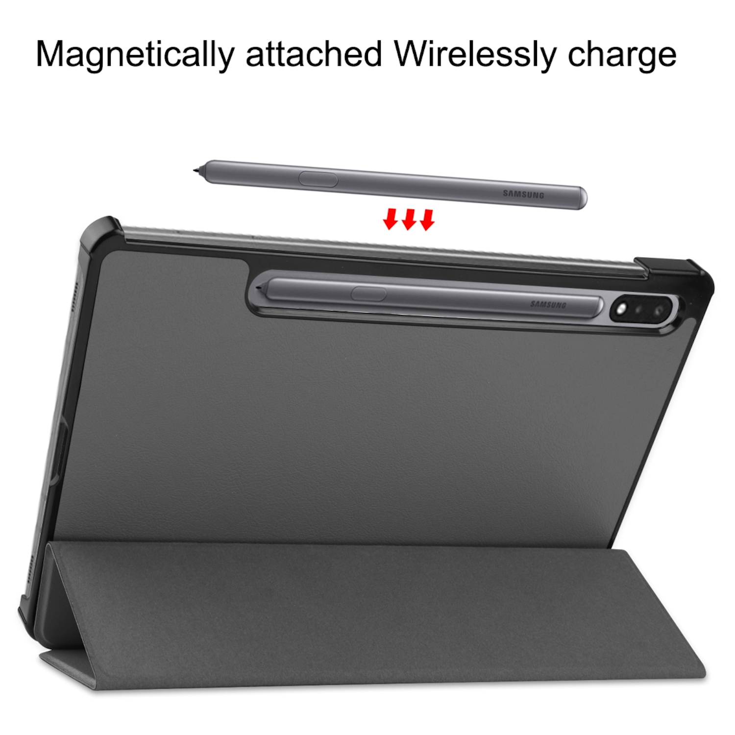 Ein Samsung-Tablet in grauer Hülle, an dessen Rückseite ein Eingabestift magnetisch haftet und lädt.