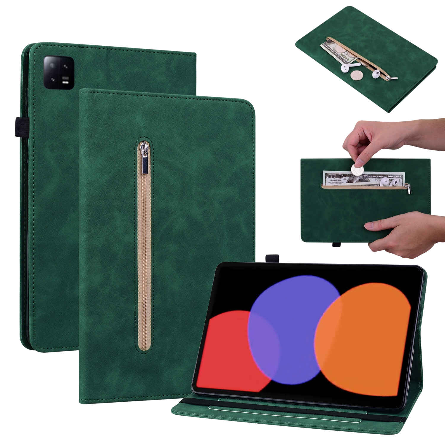 Grüne Tablethülle aus Leder mit Reißverschlusstasche für Bargeld und Münzen, mit einem Tablet mit bunten Kreisen.