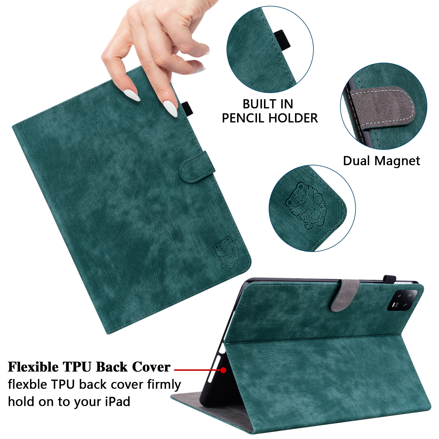 Eine türkisfarbene Tablethülle mit Stiftehalter, Doppelmagnet und flexibler TPU-Rückseite aus mehreren Perspektiven.