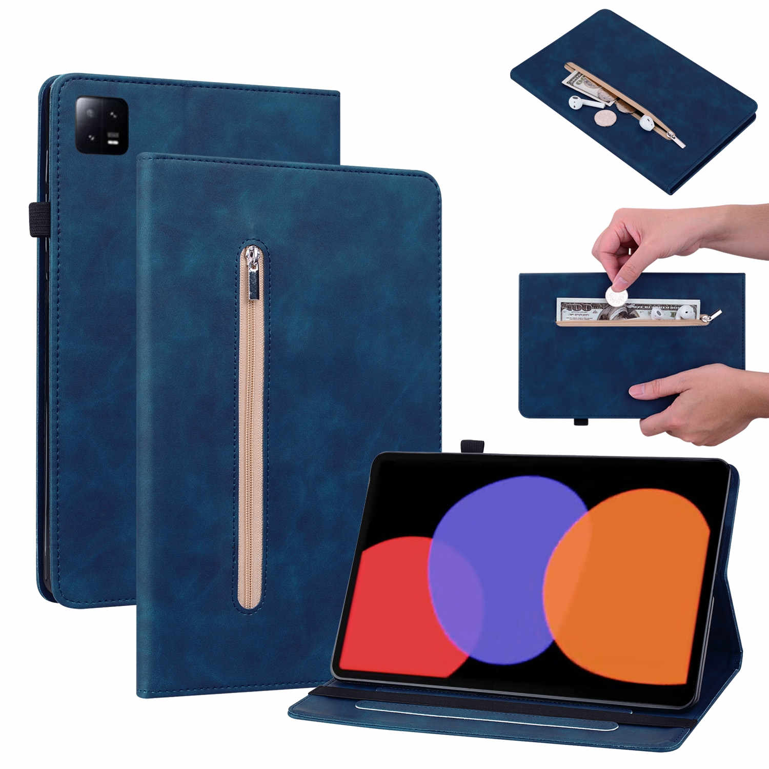Blaue Tablet-Hülle mit Reißverschlusstasche für Geld und Kleinkram, aus verschiedenen Blickwinkeln gezeigt.