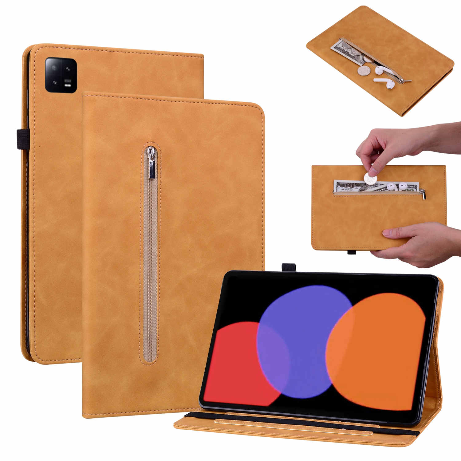 Gelbes Tablet-Etui aus Leder mit Reißverschlusstasche für Geld und Ohrhörer.