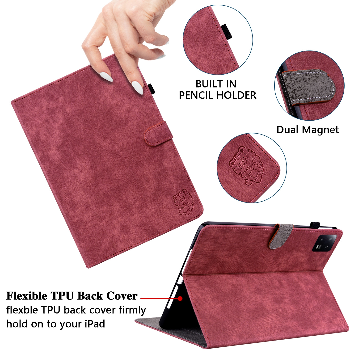 Rote Ledertasche für iPad mit Stifthalter, starkem Magneten und flexiblem TPU-Backcover aus verschiedenen Blickwinkeln.