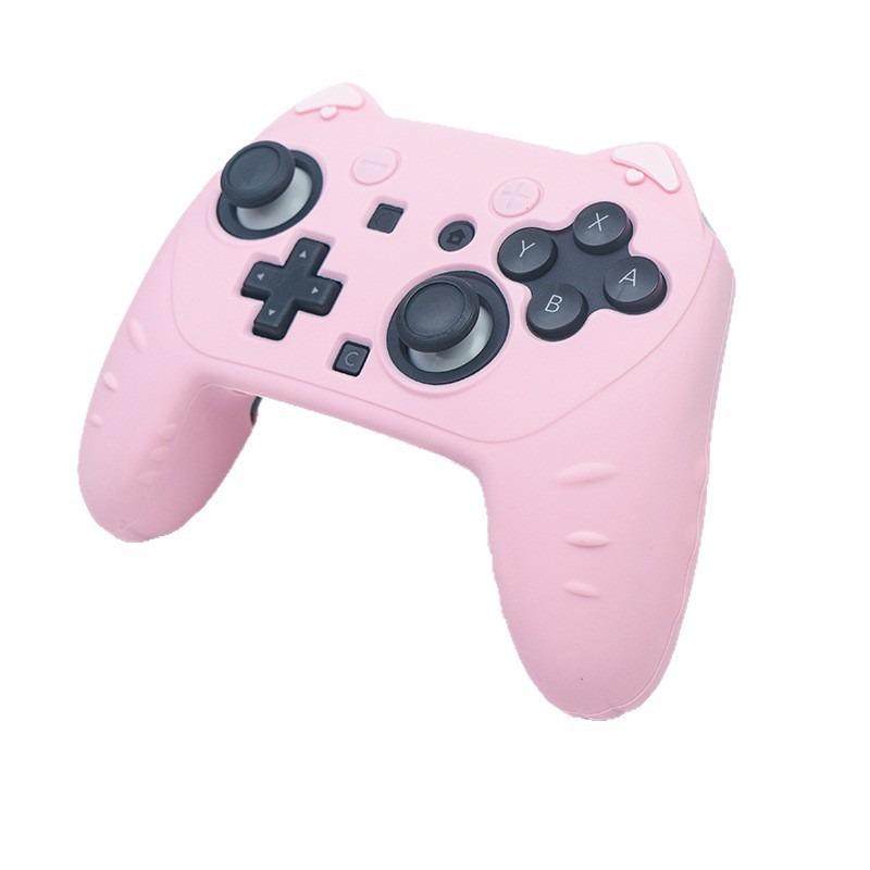 Rosa kabelloser Gaming-Controller mit schwarzen Tasten und Joysticks auf weißem Hintergrund.