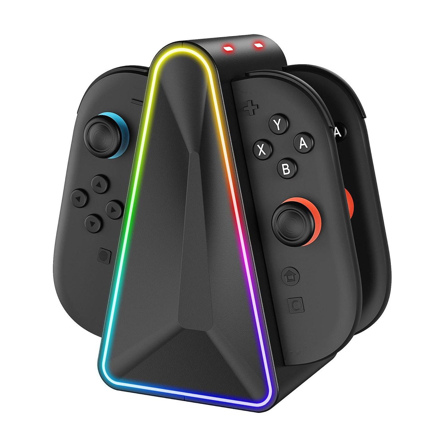 Schwarze Nintendo Switch Joy-Cons in einer beleuchteten LED-Ladestation.