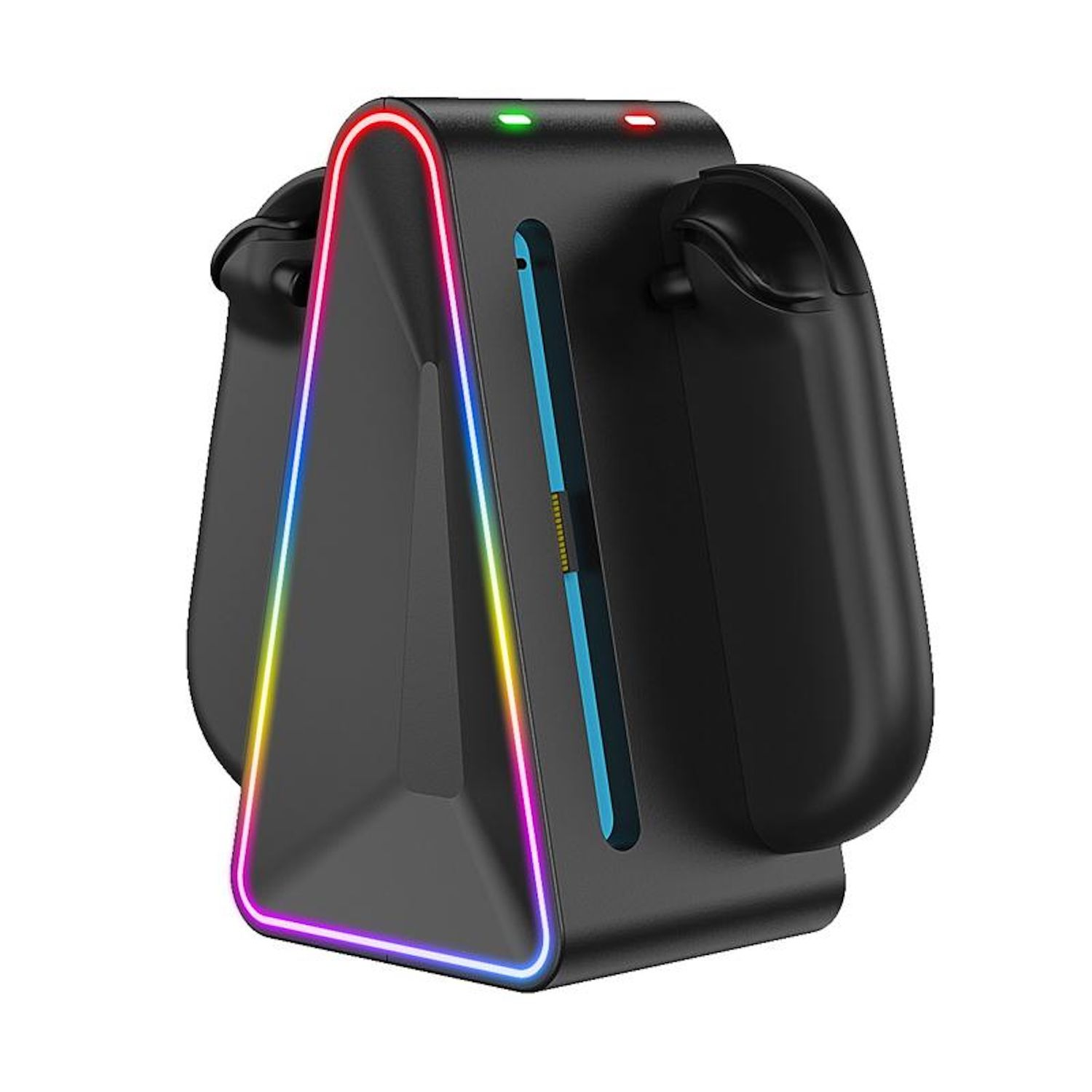 Schwarze Gaming-Ladestation mit RGB-Beleuchtung und zwei angeschlossenen Controllern.
