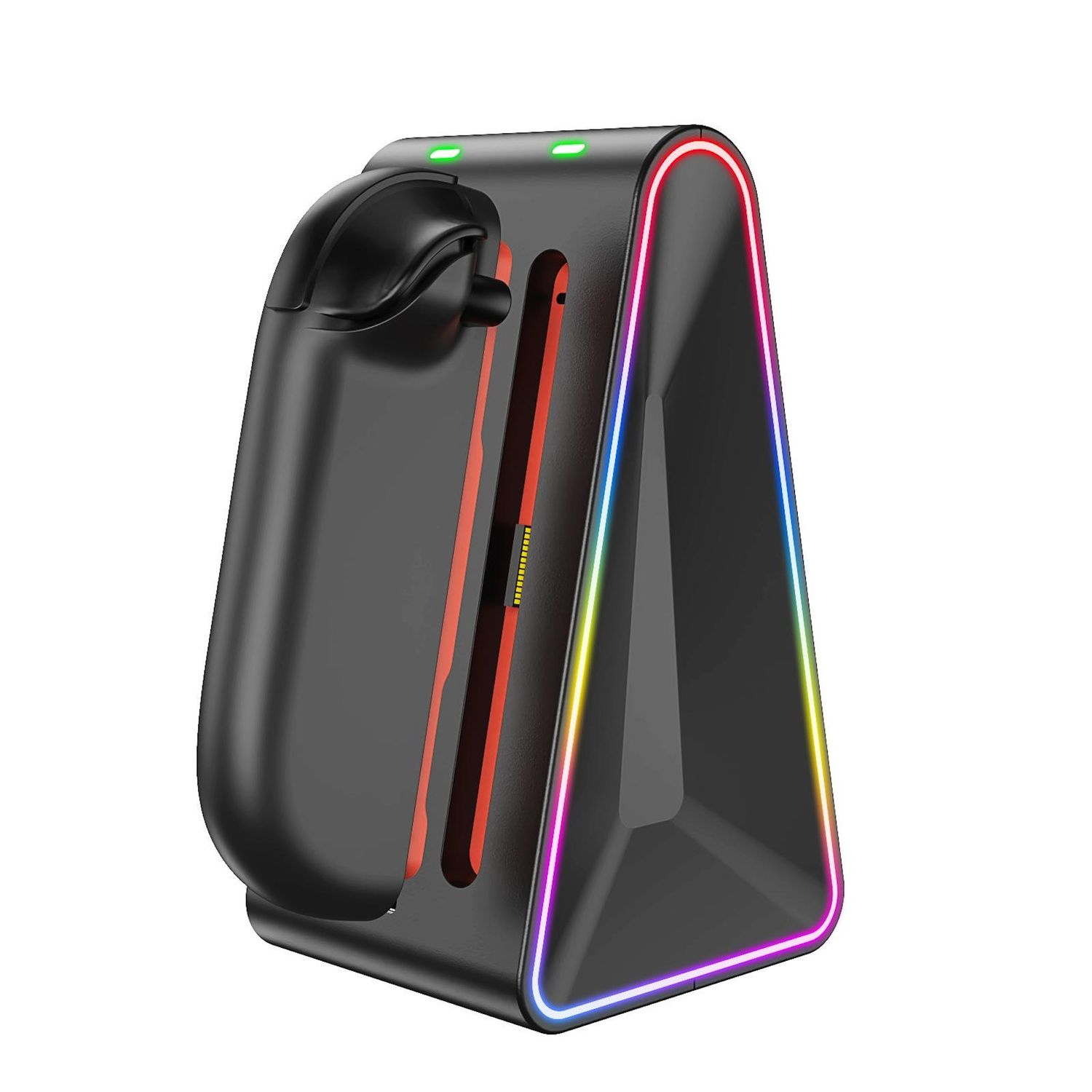 Schwarze VR-Ladestation mit RGB-Beleuchtung und angedocktem Controller auf weißem Hintergrund.