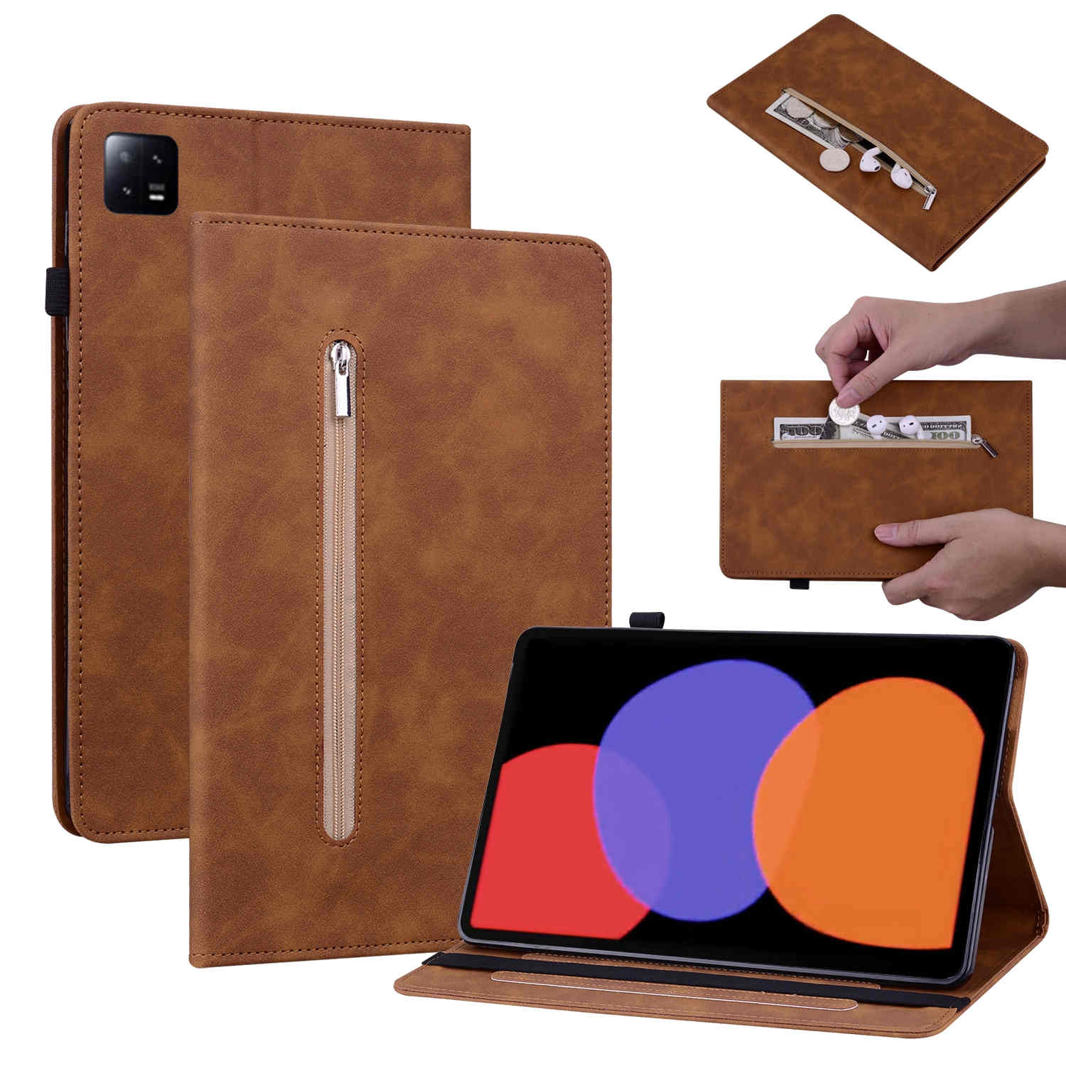 Braune Tablet-Schutzhülle mit Reißverschlusstasche für Geld und Kopfhörer, inklusive Tablet in Aufstellposition.
