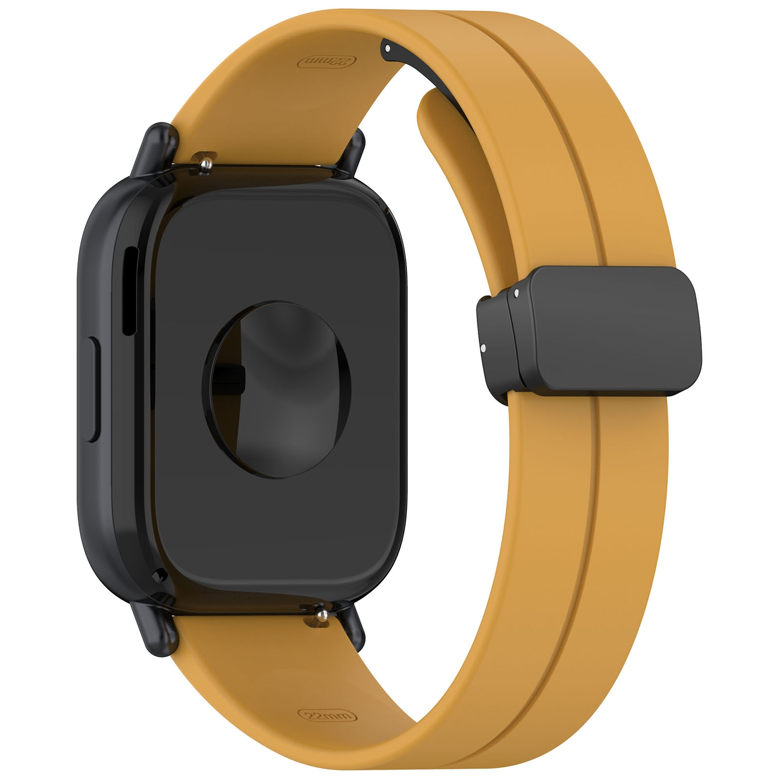 Retro di uno smartwatch nero con cinturino in silicone giallo su sfondo bianco.