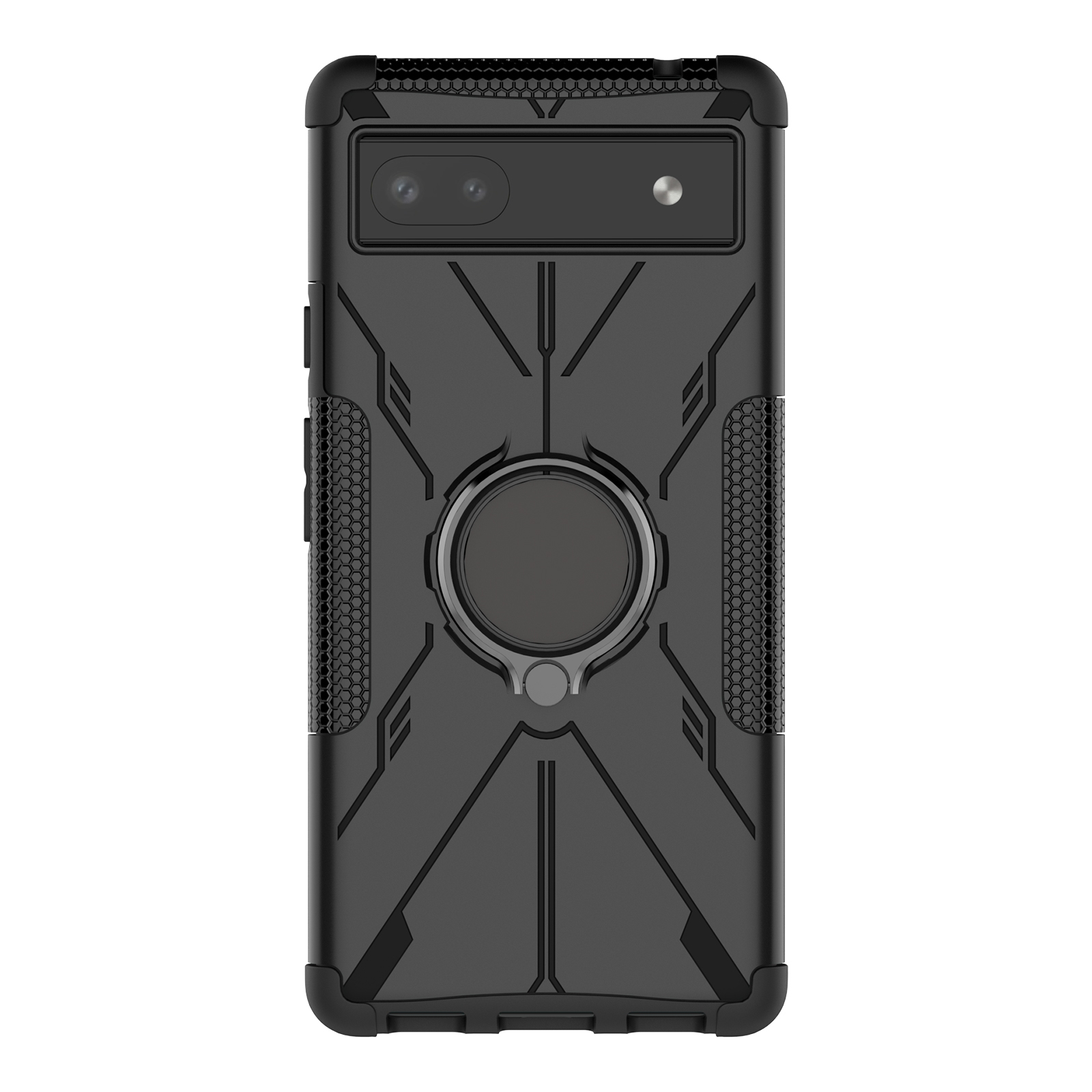 Funda negra resistente para teléfono con soporte de anillo y agarre texturizado.