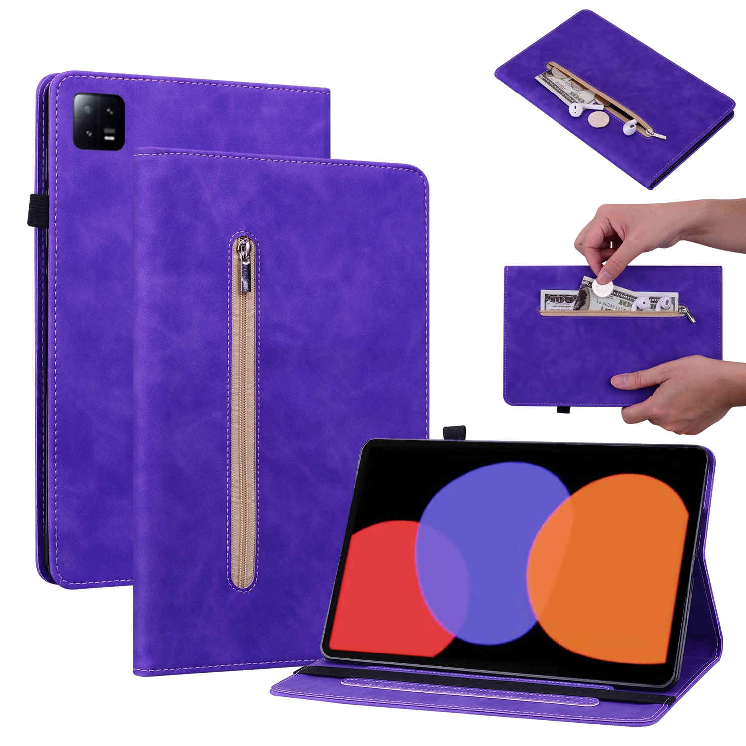 Lila Tablet-Hülle mit Reißverschlusstasche, die Geld und Kopfhörer hält, und ein Tablet auf einem Ständer.