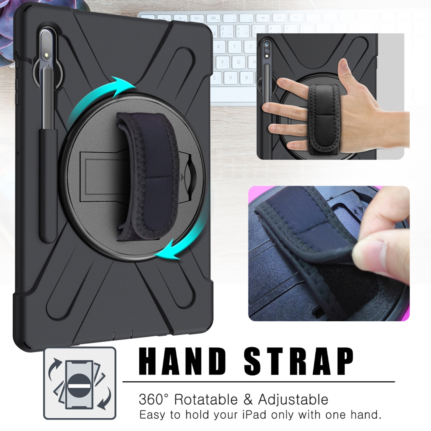 Schwarze Tablethülle mit verstellbarer Handschlaufe, Stifthalter und 360-Grad-Drehfunktion.
