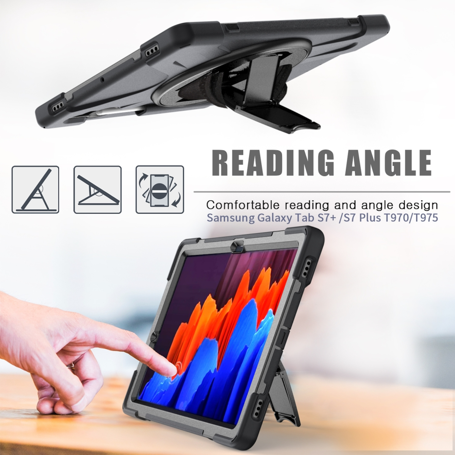 Ein Tablet in robuster Hülle mit Ständer auf Holztisch, eine Hand tippt auf den bunten Bildschirm.