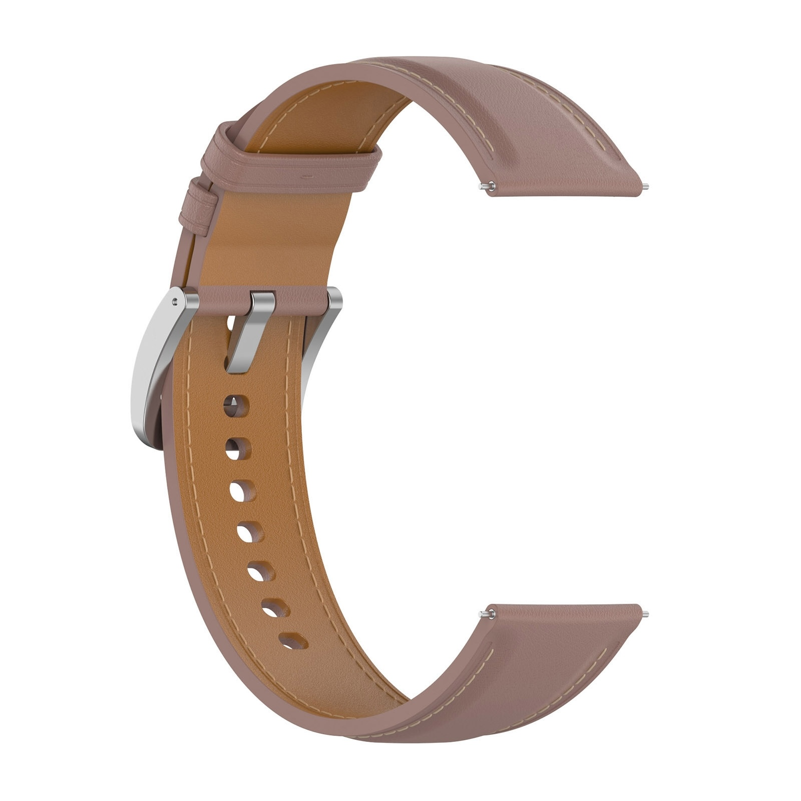 Un cinturino per orologio in pelle marrone curva con fibbia argentata su sfondo bianco.