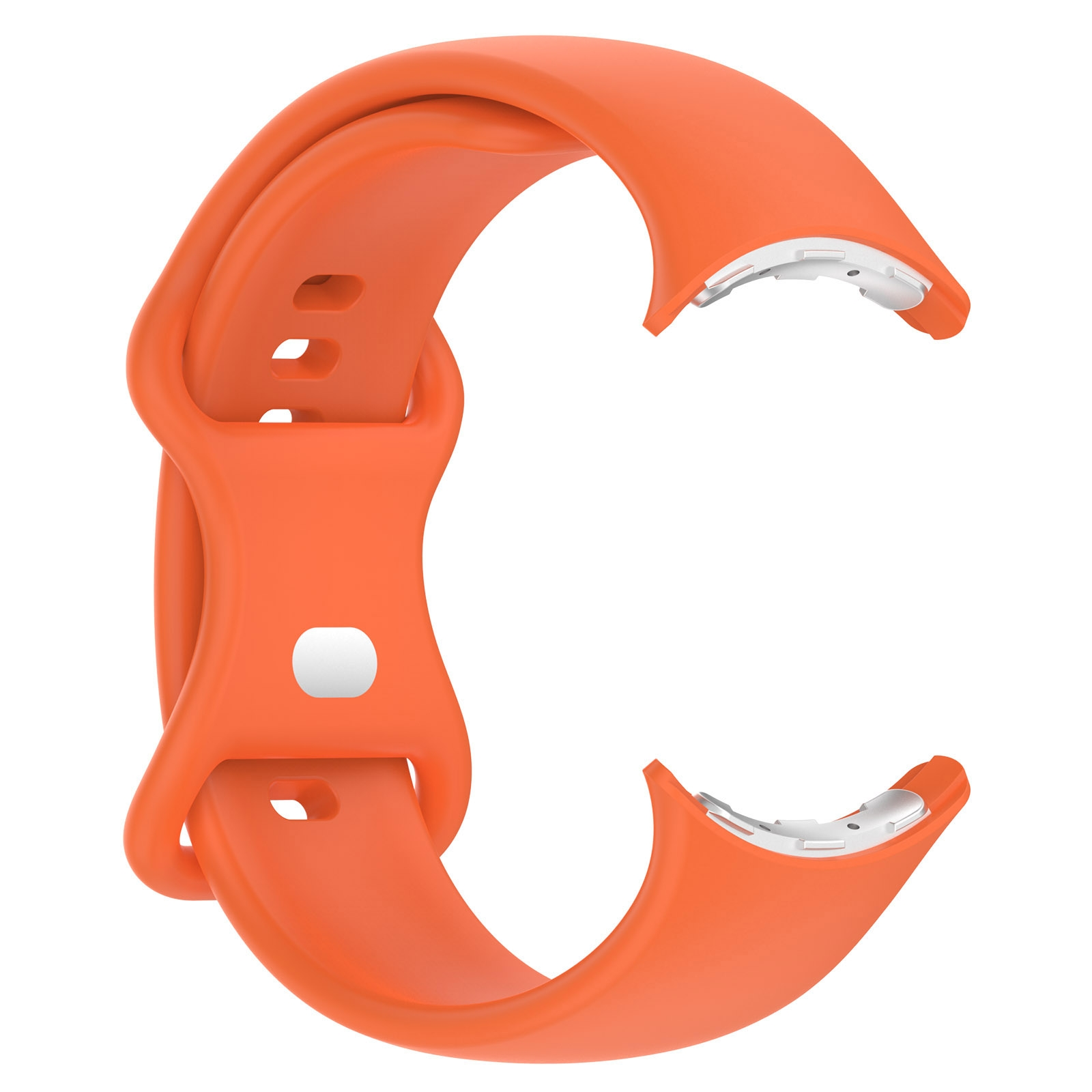 Ein leuchtend orangefarbenes Silikon-Smartwatch-Armband mit silbernen Steckern auf weißem Hintergrund.