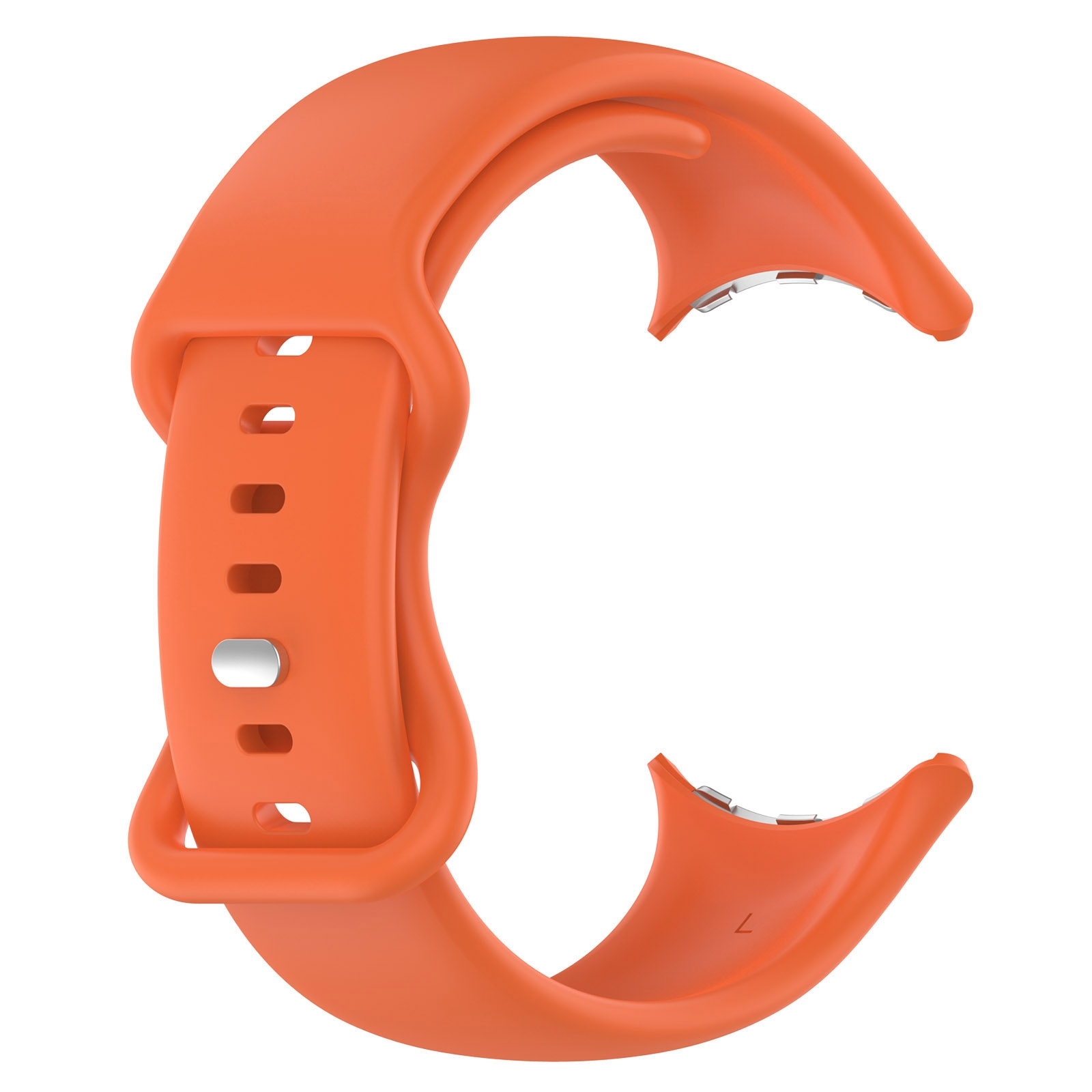 Ein orangefarbenes Silikon-Smartwatch-Armband mit silbernem Pin und Schließe auf weißem Hintergrund.