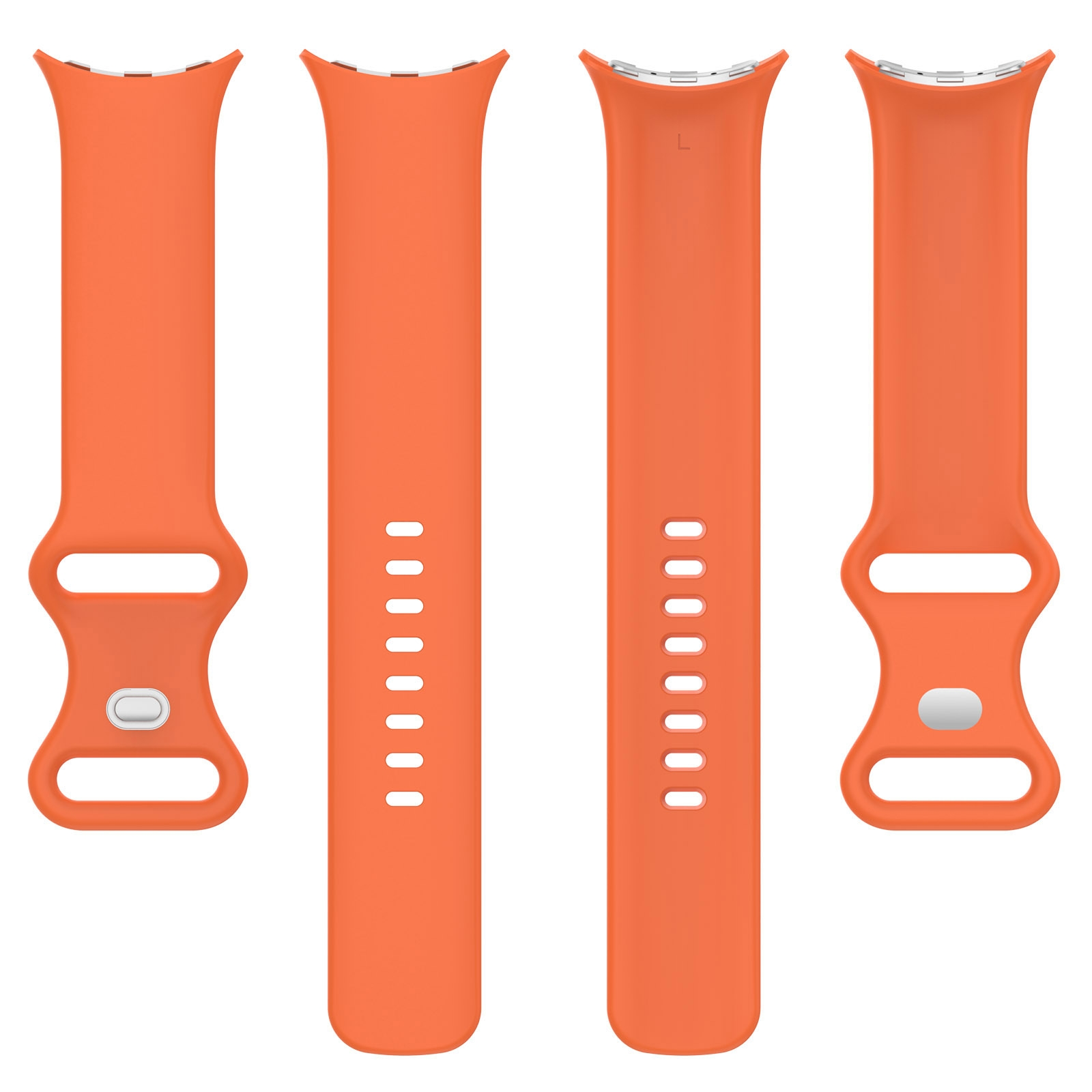Vier Ansichten eines orangefarbenen Fitnessarmbands mit silbernen Verschlüssen auf weißem Hintergrund.